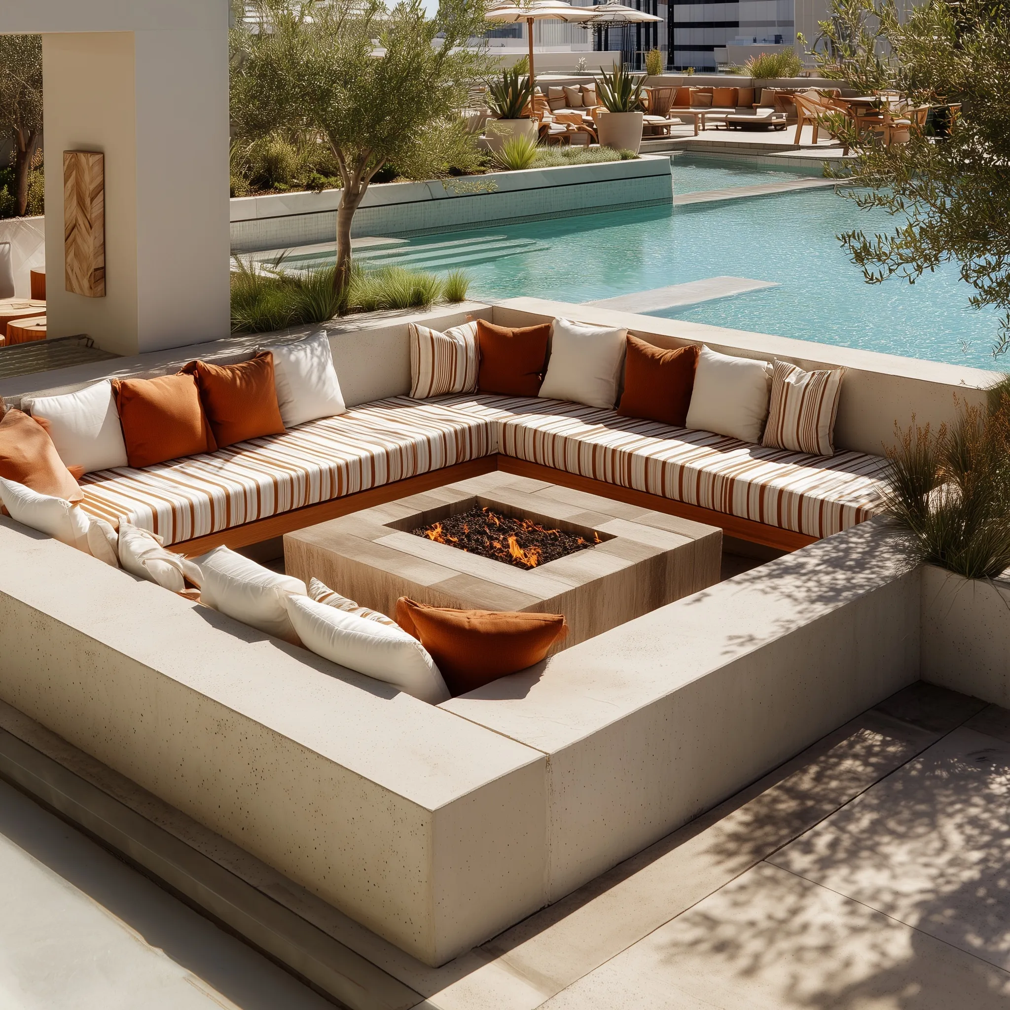 Sunken outdoor lounge with fire pit, striped cushions, and pool view on a modern minimalist rooftop terrace.
