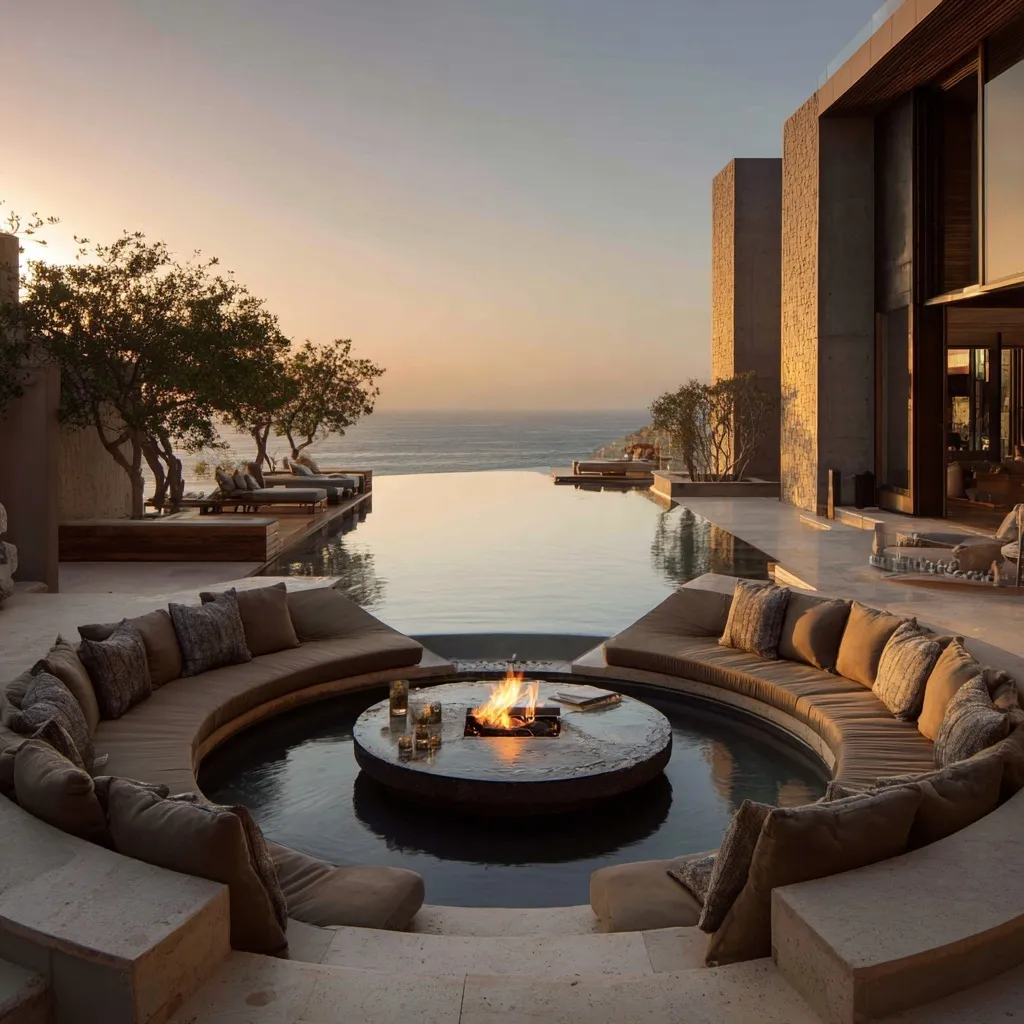 Modern sunken seating area with central fire pit in a pool overlooking the sea at golden hour with ochre sofas.