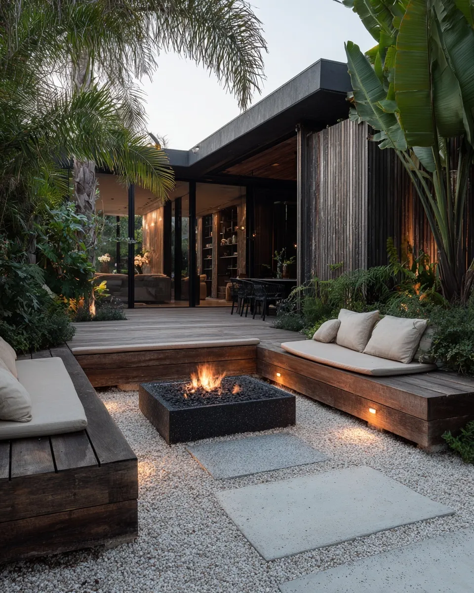 Japandi sunken seating fire pit in a modern tropical backyard with dark teak deck and lush perimeter greenery.
