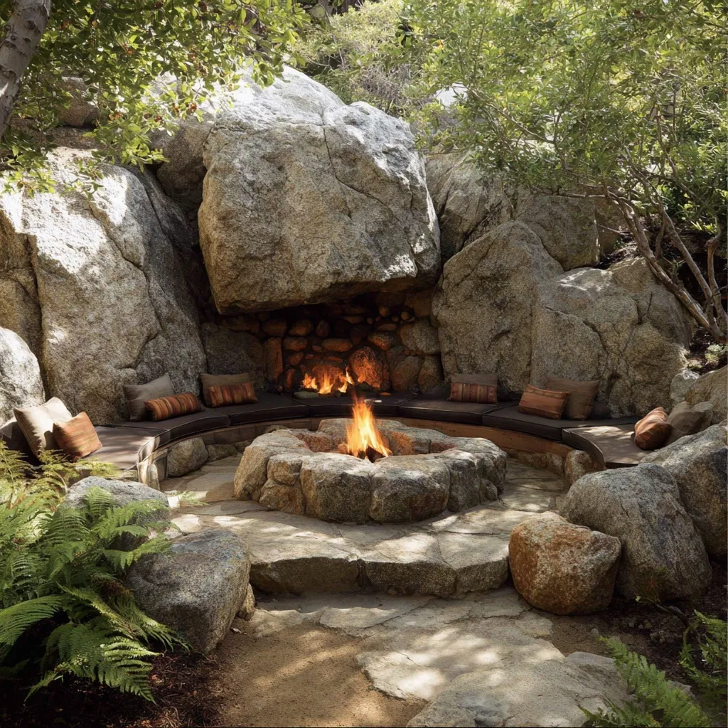 Modern sunken fire pit with stone seating in a backyard pool area, featuring a crater-inspired architectural design.