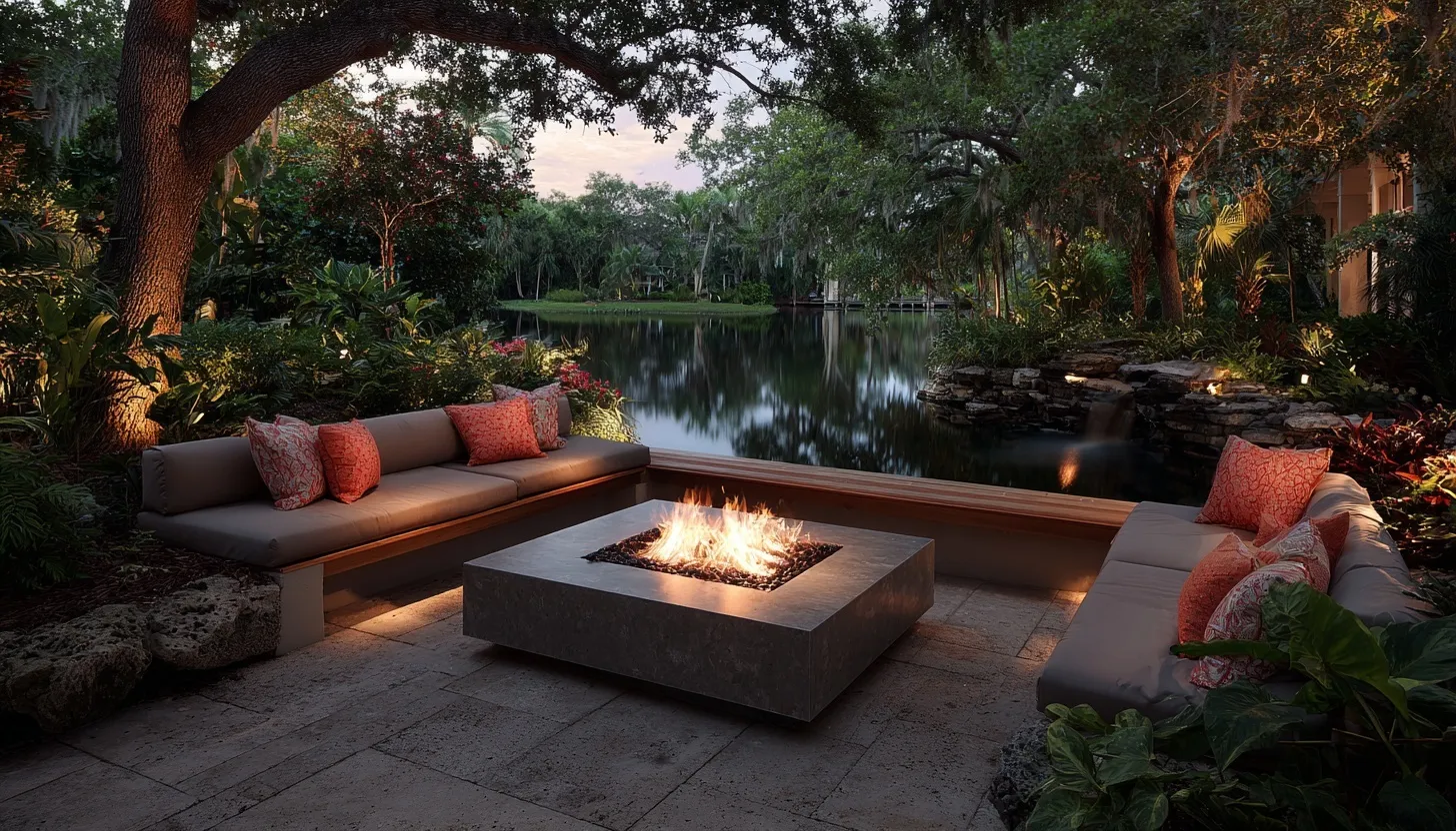 Sunken seating area with a fire pit and sofas by a backyard pool in a modern Florida landscape design.