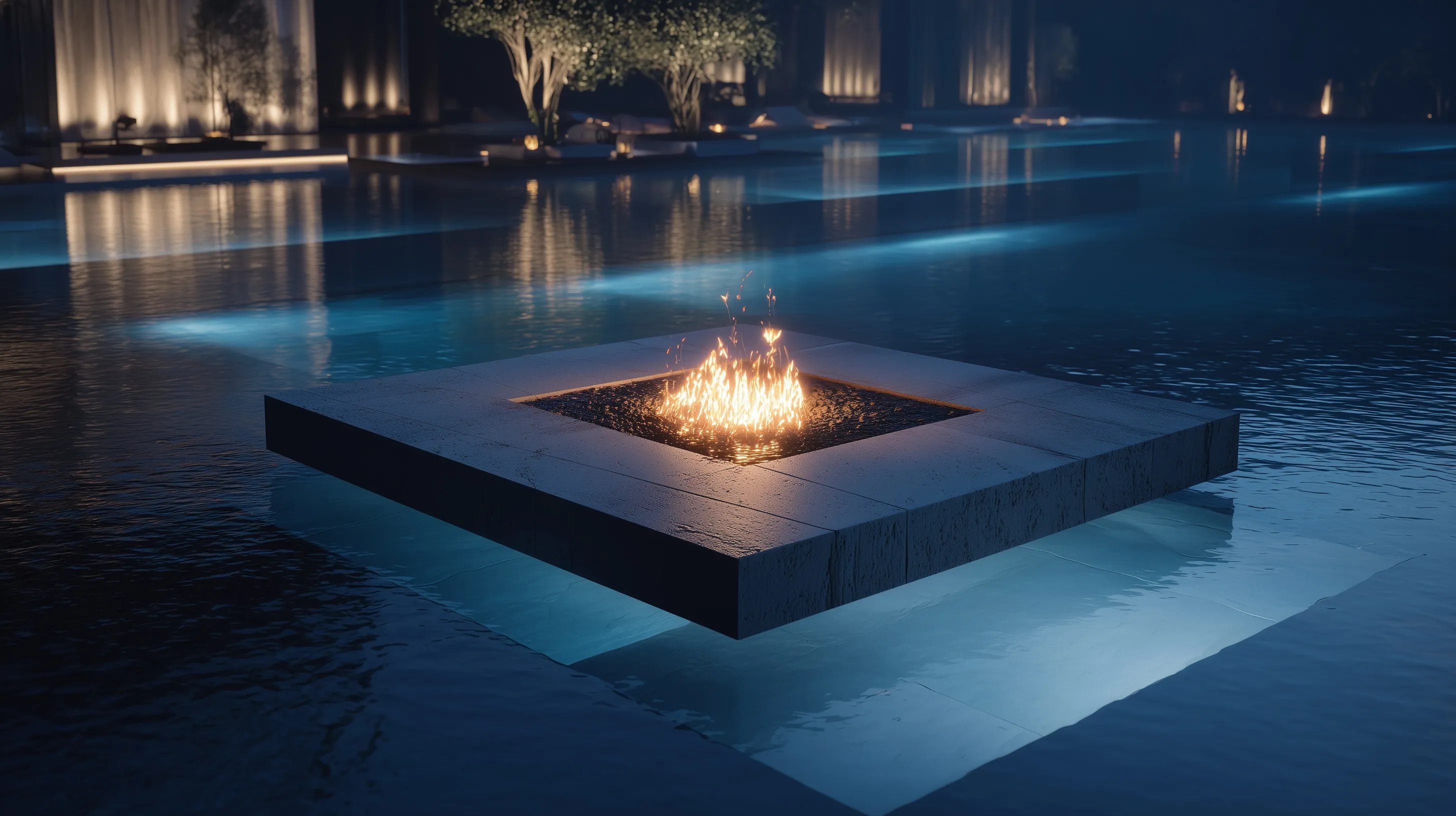 A modern sunken fire pit on a floating island in an infinity pool at night with cinematic lighting.