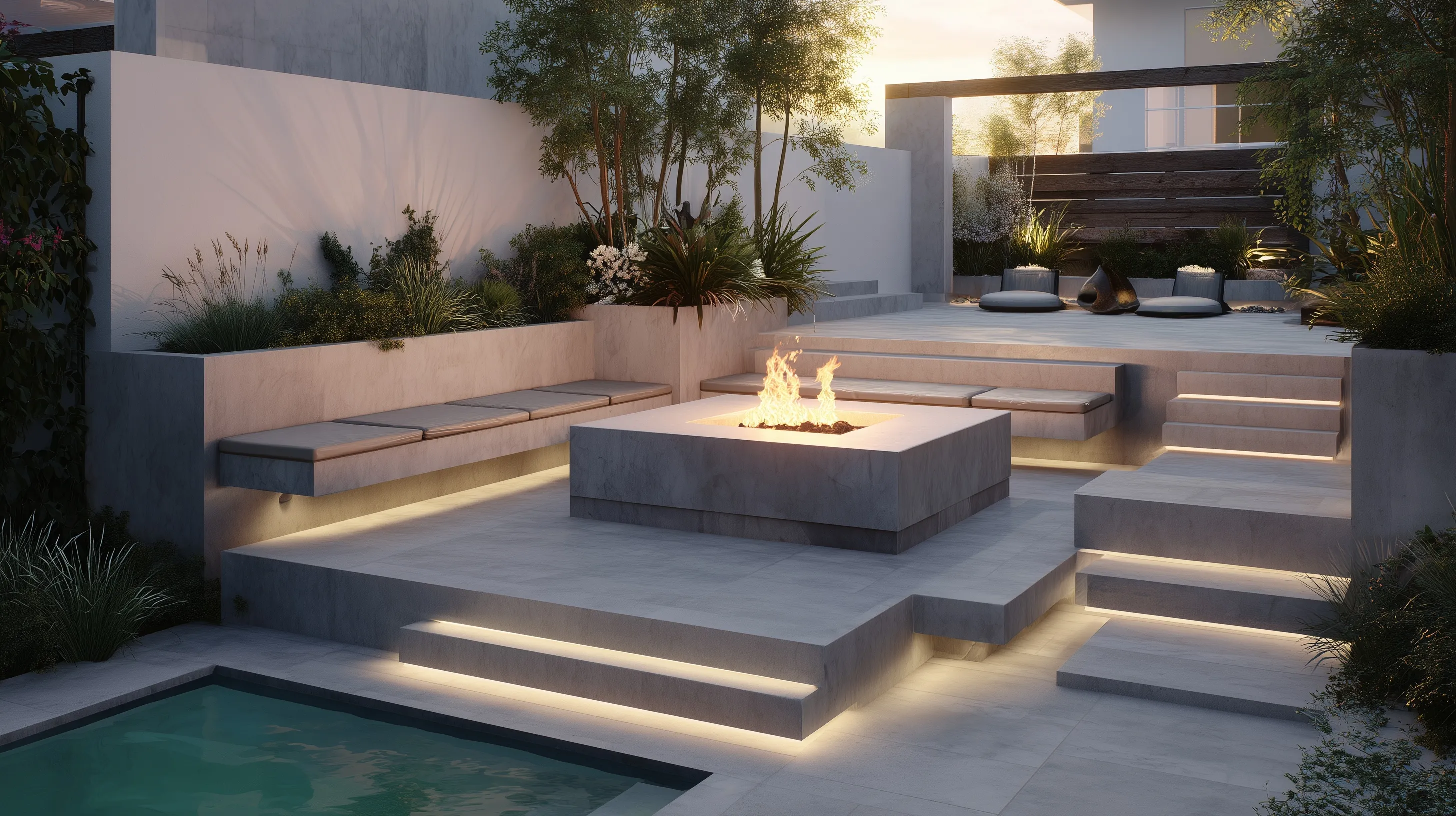 Modern sunken fire pit seating area with pool, light gray stone, and minimalist landscape design at sunset.