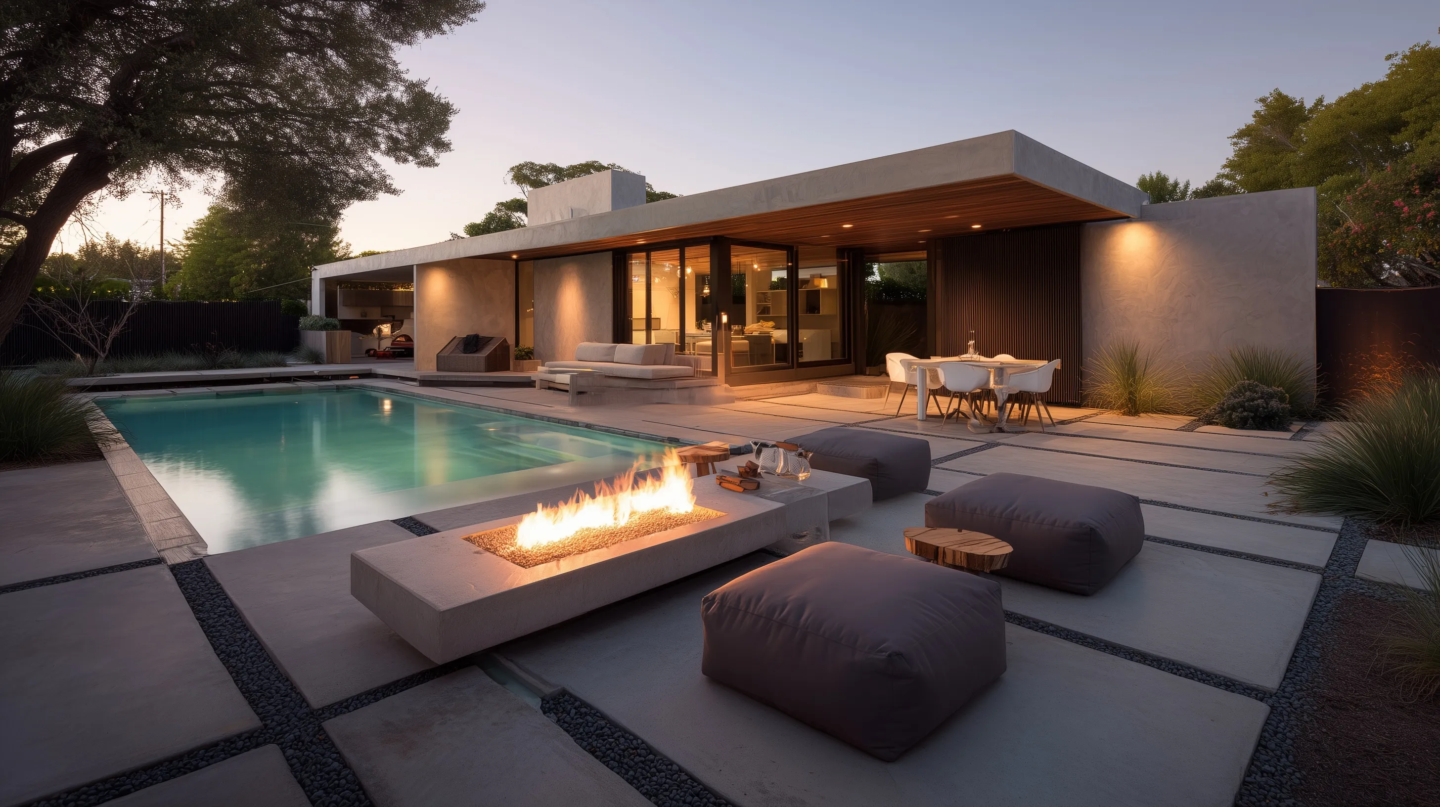Modern LA backyard with sunken fire pit, pool, and patio seating under an oak tree, featuring rubber pavers.