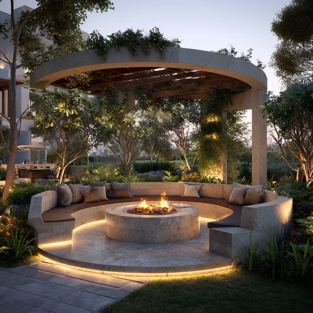 Sunken circular fire pit seating area in a luxury garden with a pergola, cozy lighting, and lush landscaping.
