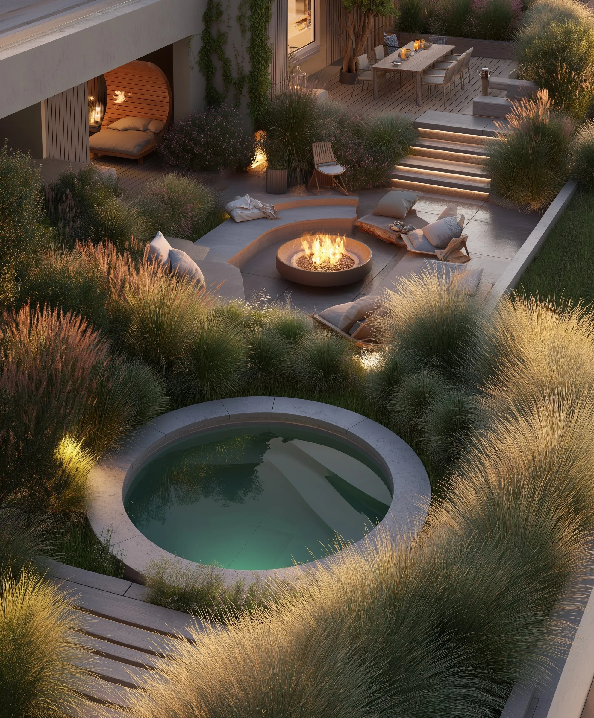 Aerial view of a modern backyard featuring a sunken fire pit, round pool, and sauna in a warm sunset setting.