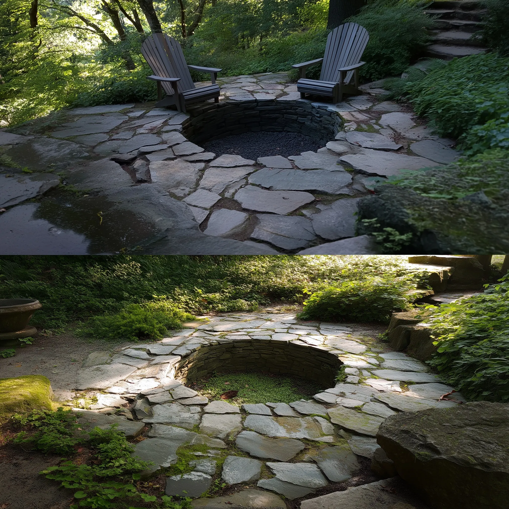 Sunken fire pit with bluestone surround and gravel border in a modern backyard pool area landscape design.