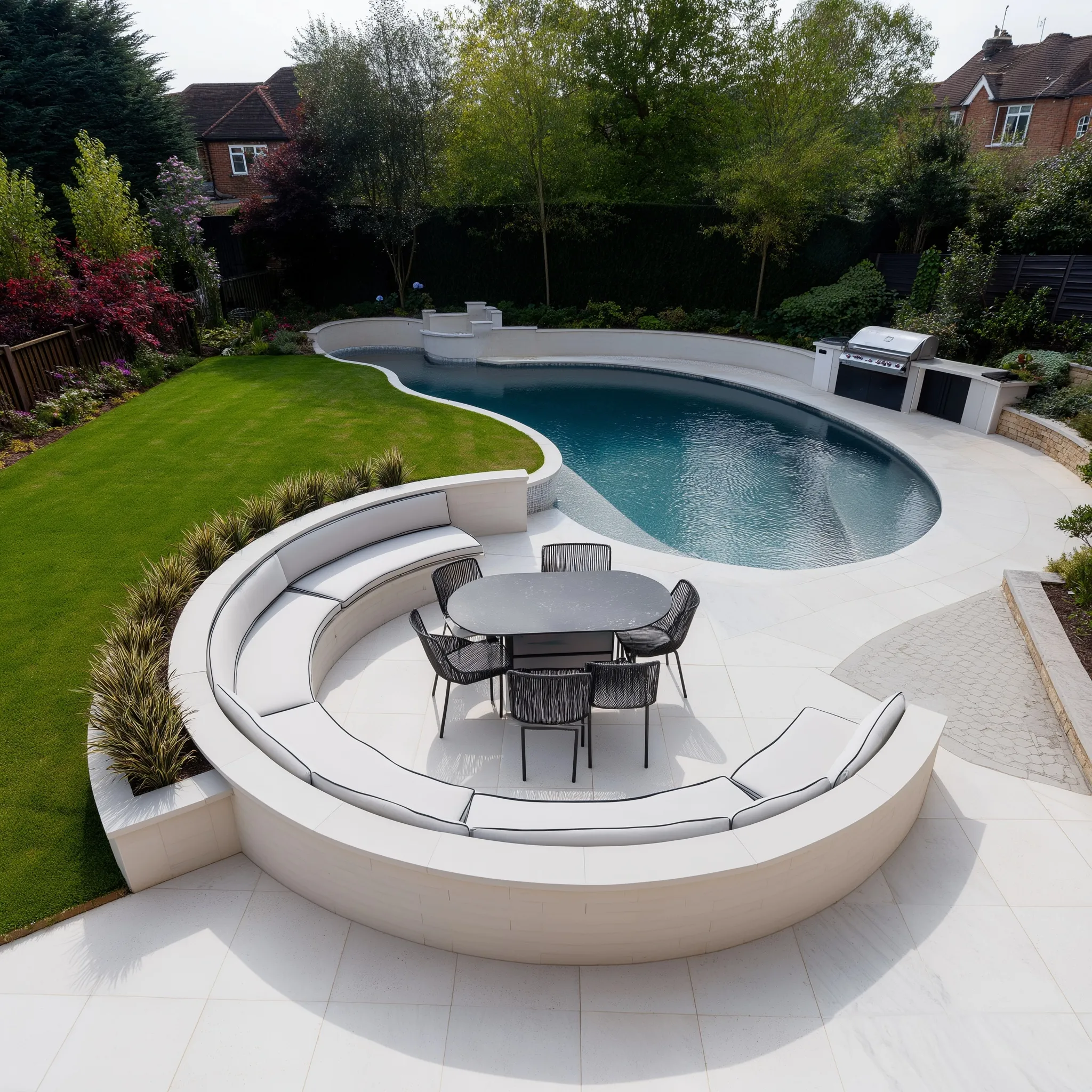 Modern sunken seating fire pit area next to a curved swimming pool in a beautifully landscaped garden.