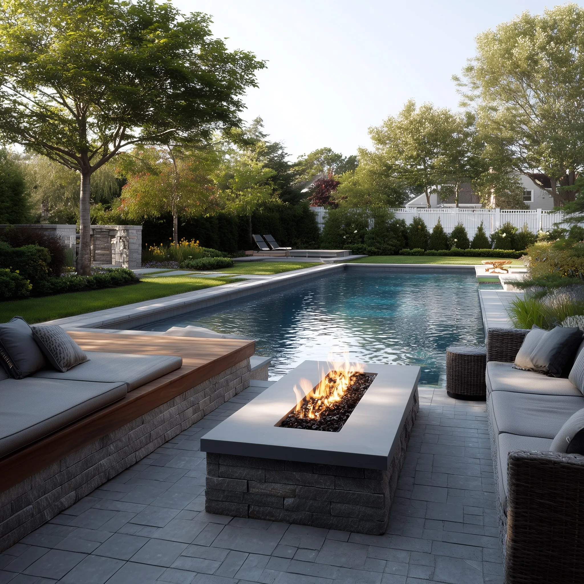 Modern sunken seating area with a fire pit beside a swimming pool in a sunny Long Island backyard.