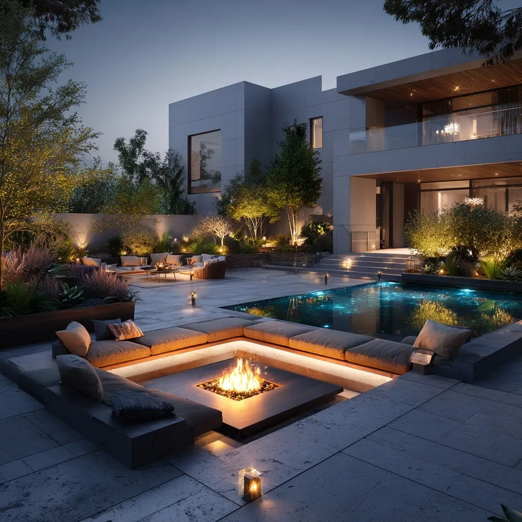 Modern sunken fire pit with cozy seating beside a glowing luxury pool on a sleek stone patio at twilight.