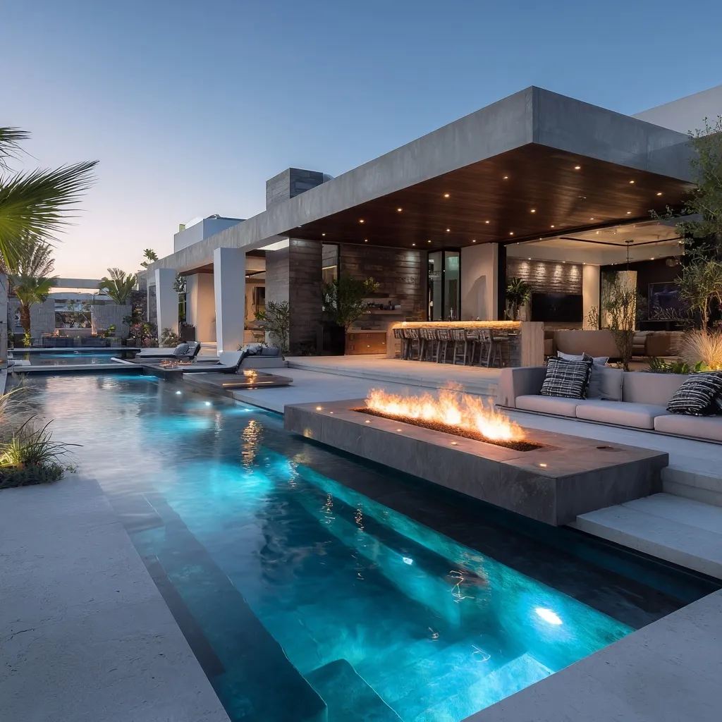 Modern tropical sunken fire pit seating area by a luxury pool with Mediterranean architectural accents.