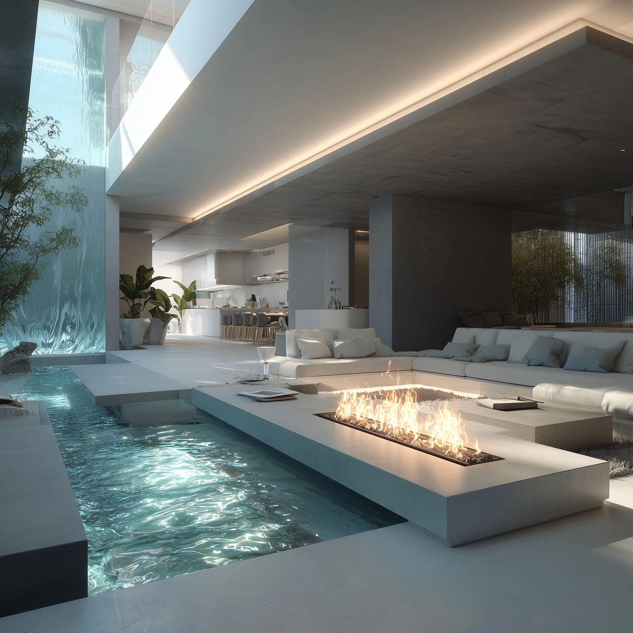 Modern sunken seating area with fire pit and pool in a luxurious villa apartment open-concept design.