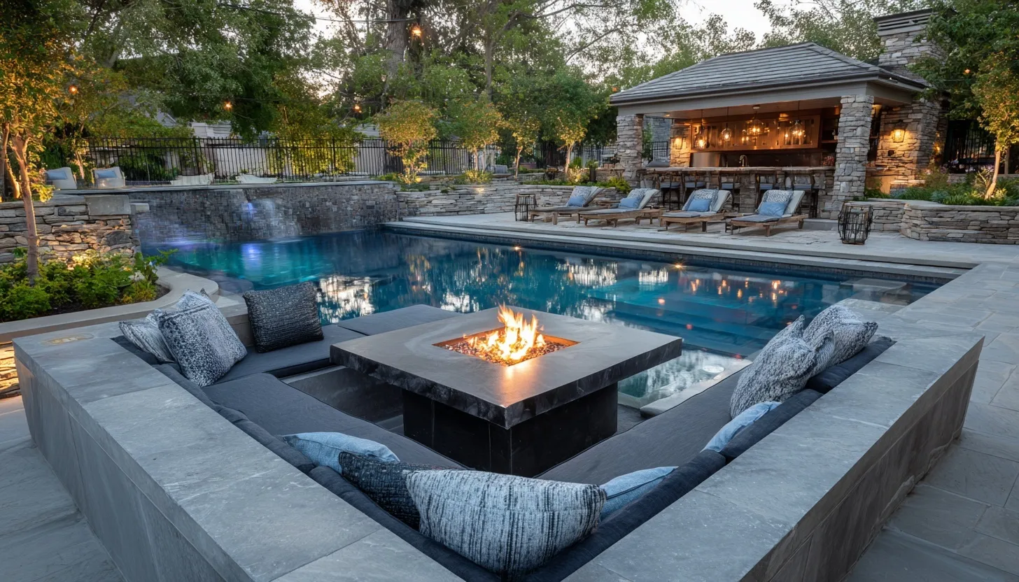 Modern sunken fire pit lounge with hot tub and pool, featuring cozy cushions by a custom outdoor kitchen.