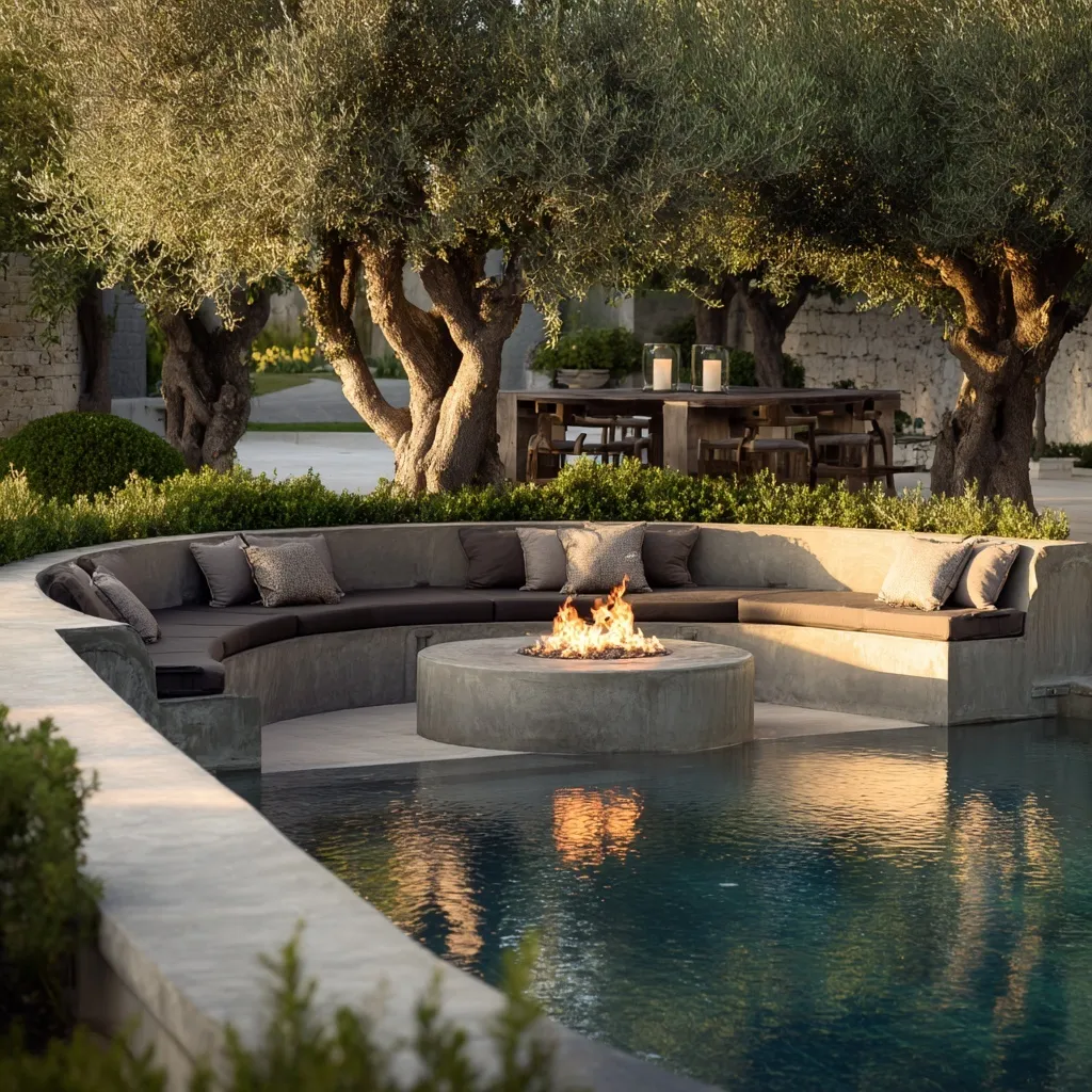 Curved sunken seating area with a fire pit and plush pillows by a pool, surrounded by olive trees.