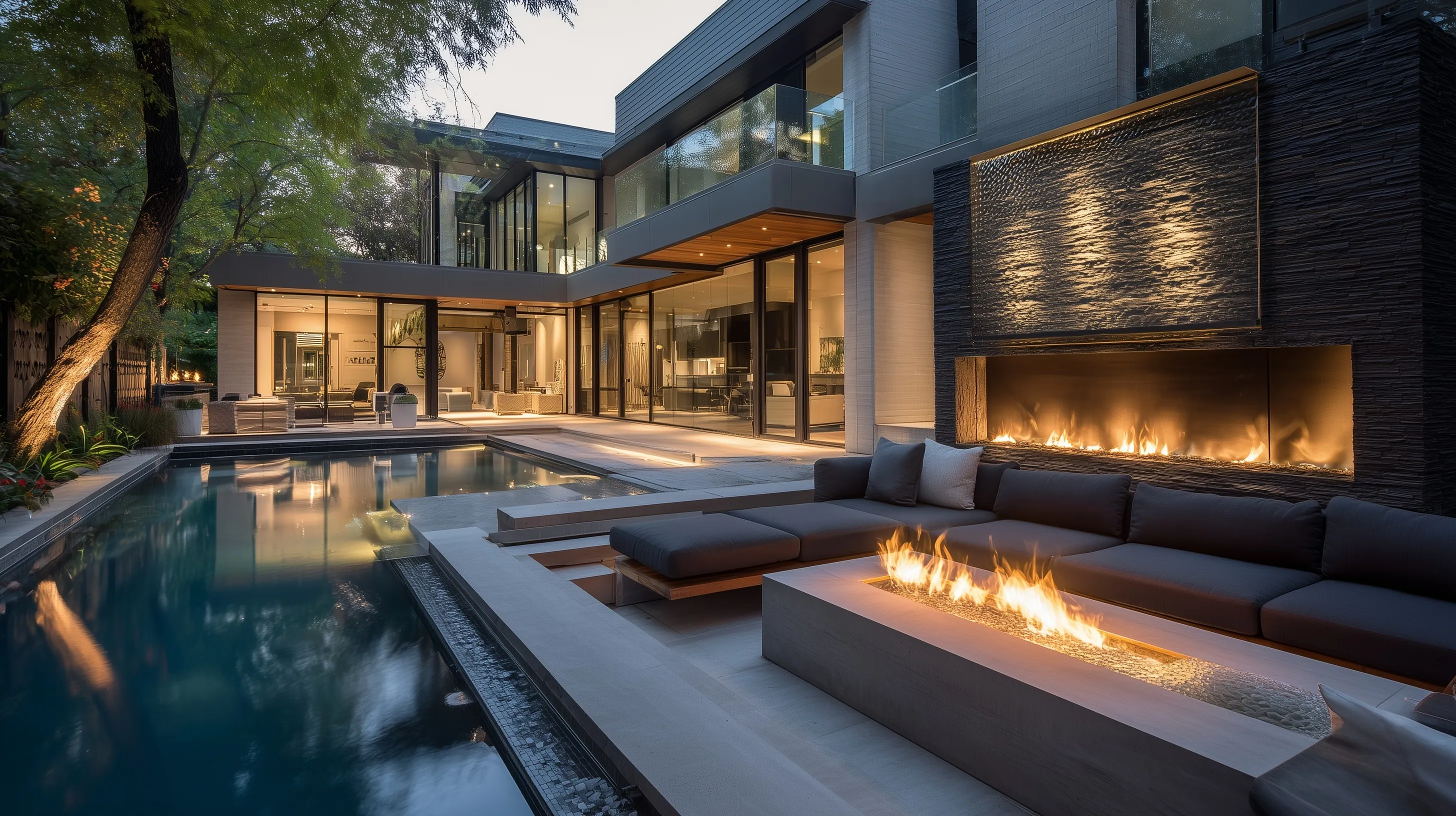 Modern luxury pool patio with a sunken fire pit lounge area in a minimalist architectural garden.