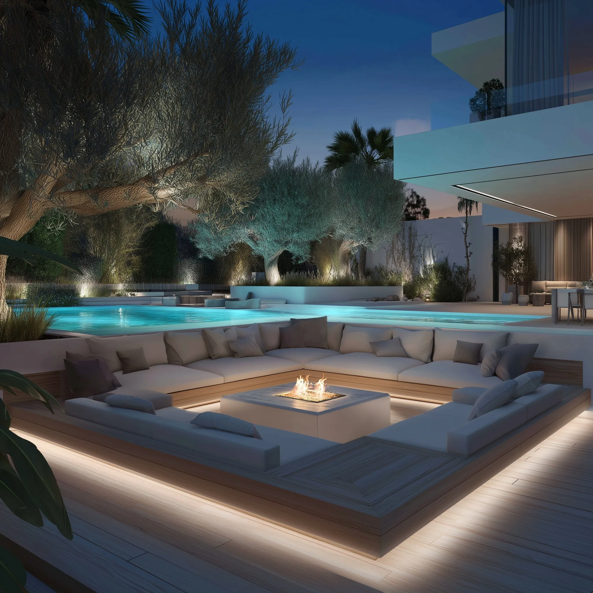Luxury sunken seating fire pit lounge area next to a modern swimming pool at dusk with warm LED landscape lighting.