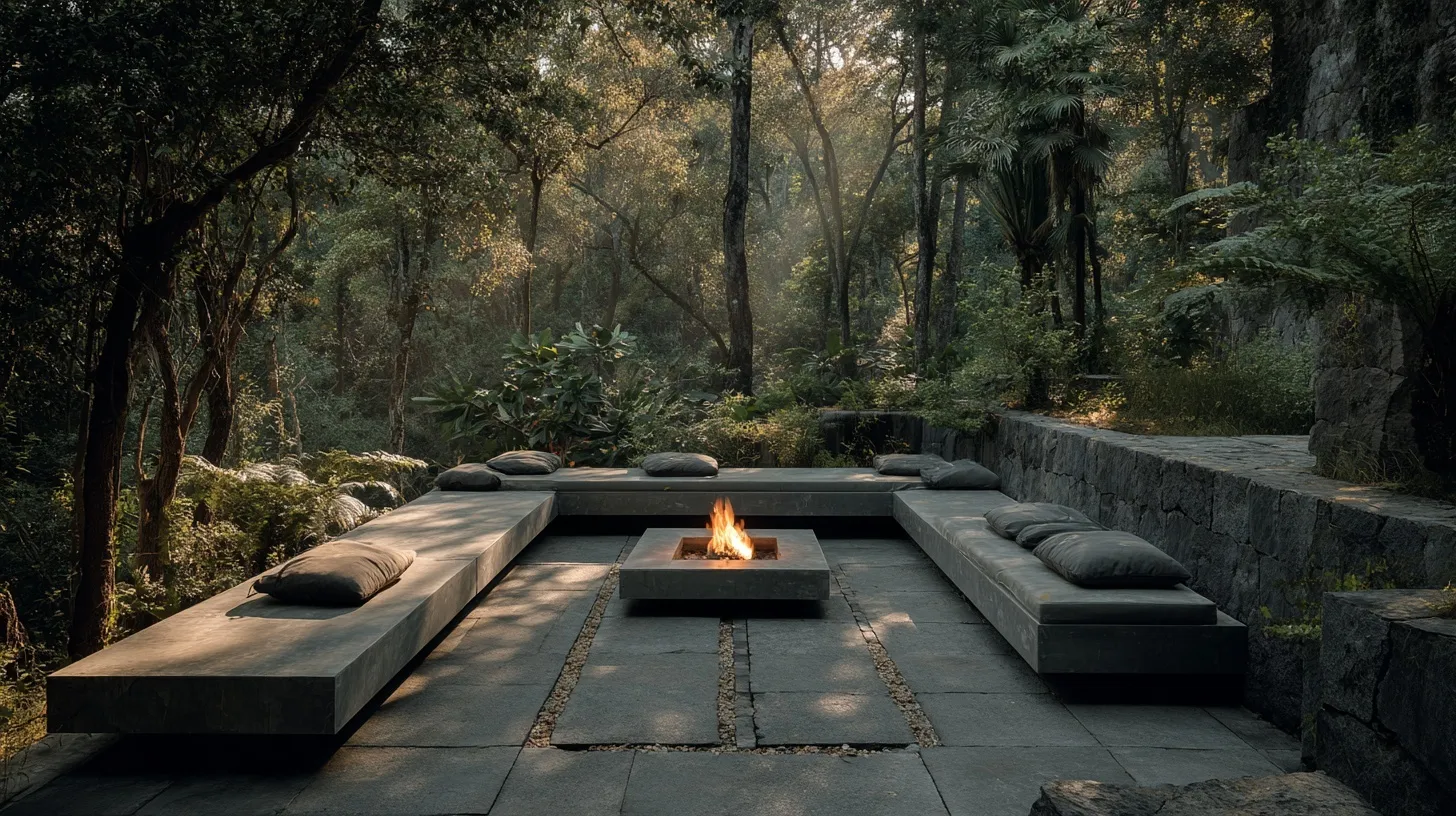 Sunken seating area with modern fire pit and oxford grey cushions in a wooded Valle de Bravo landscape at golden hour.
