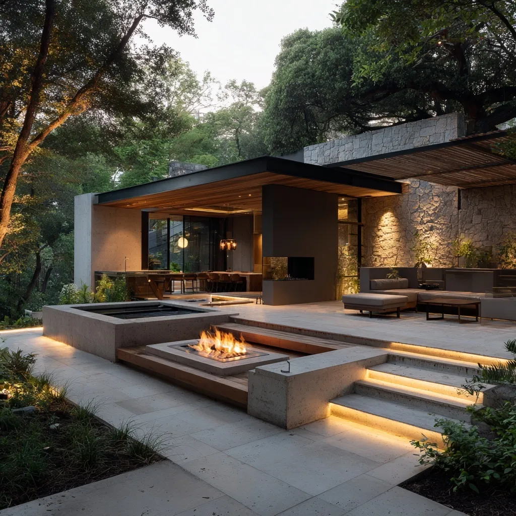 Modern forest terrace with sunken fire pit, jacuzzi, and pergola at sunset.