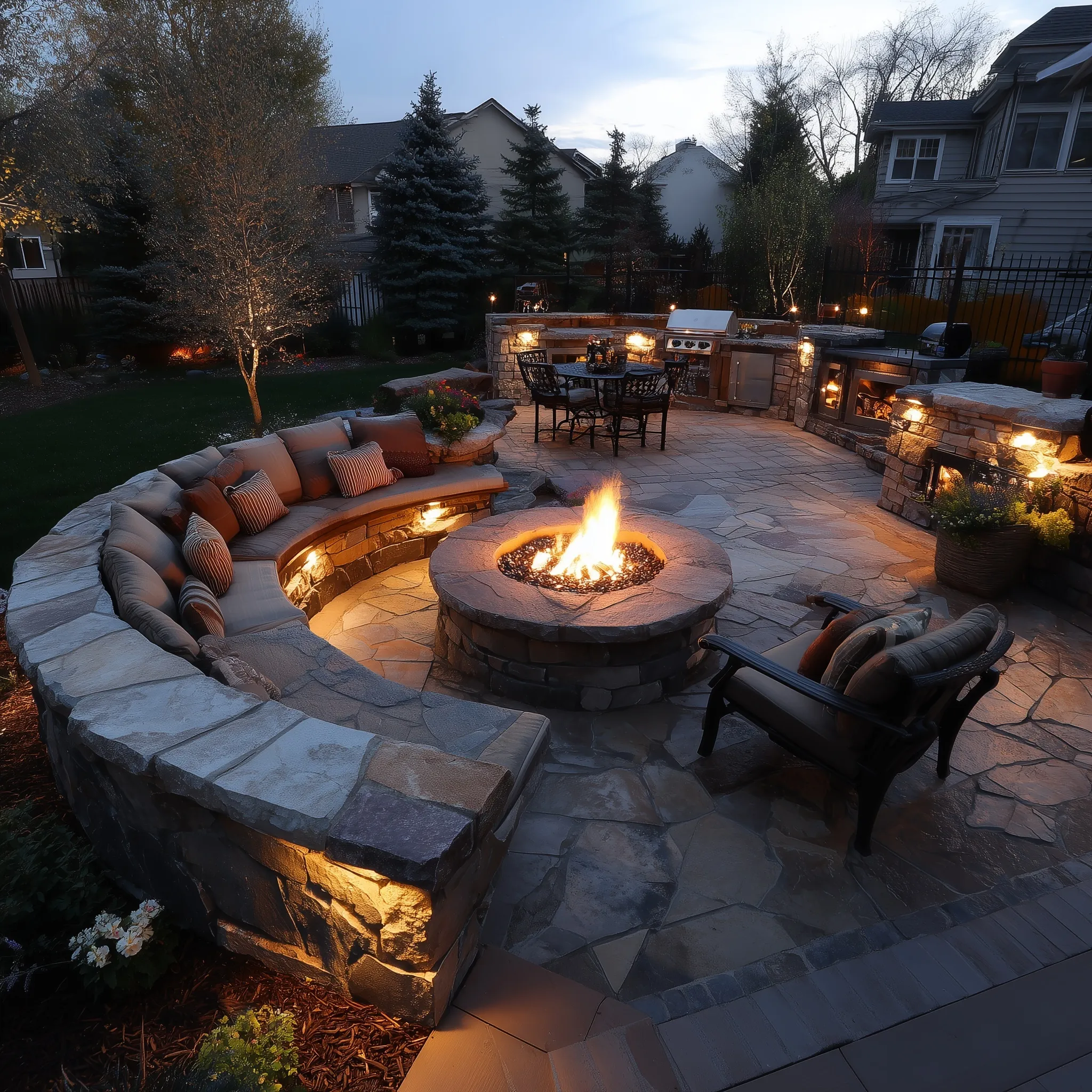 Sunken fire pit seating area with wood and stone accents and warm lighting in a modern backyard pool layout.