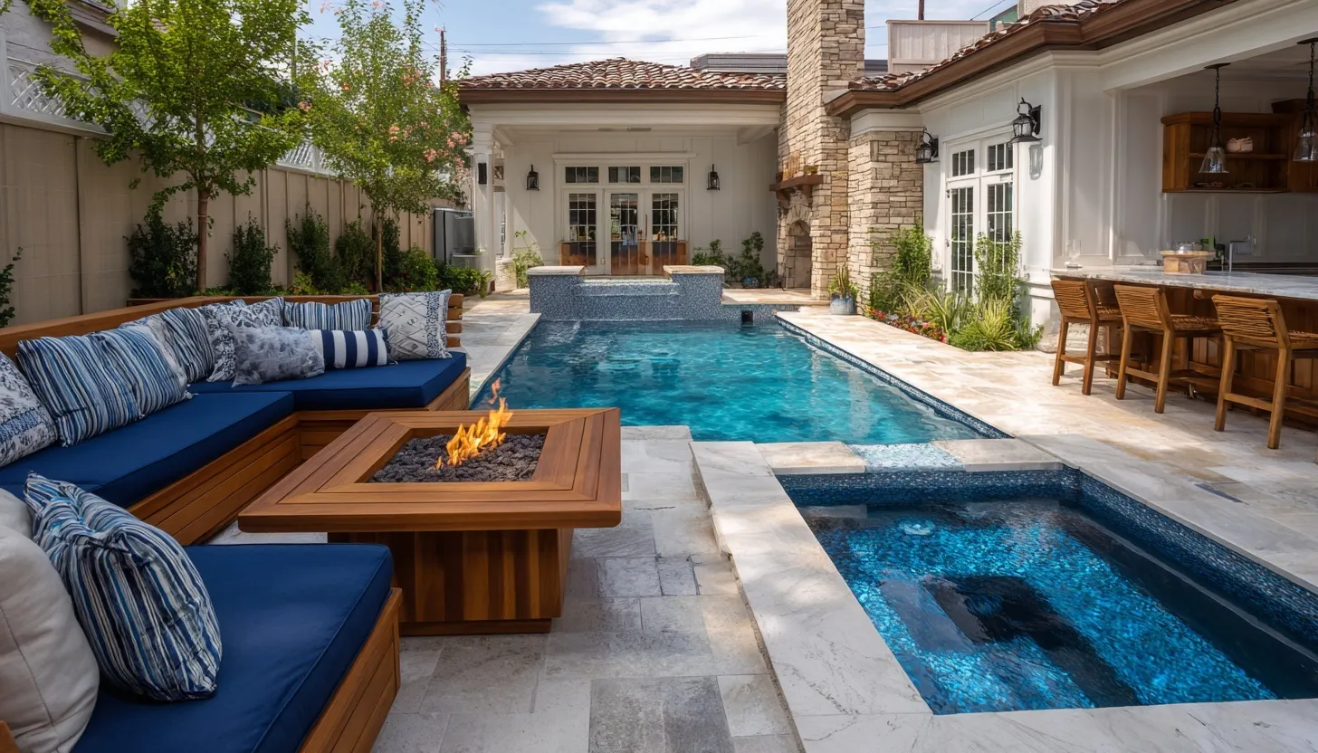 Modern sunken seating fire pit area next to a backyard pool and outdoor kitchen with plush sofa cushions.