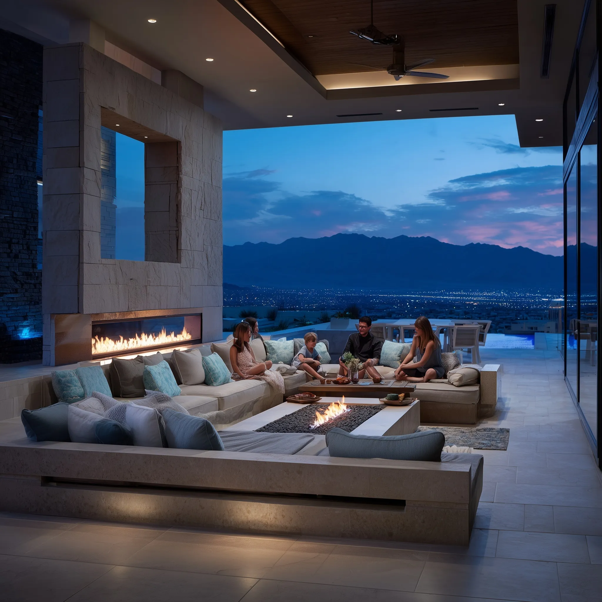 Luxury desert home with sunken fire pit seating area overlooking a pool and Las Vegas strip view at sunset.