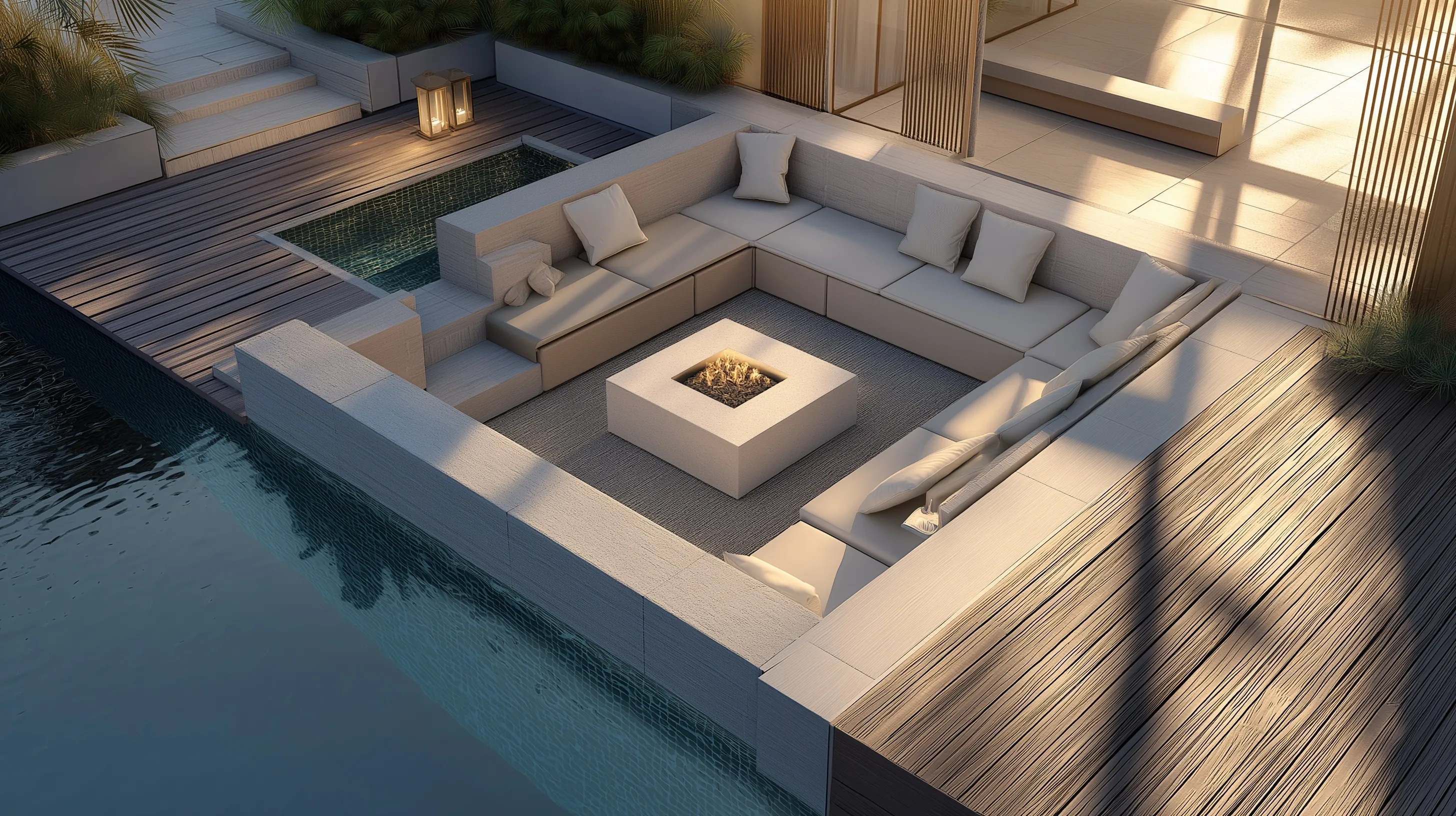 Sunken fire pit seating area with walnut deck and ivory cushions next to a modern swimming pool at golden hour.