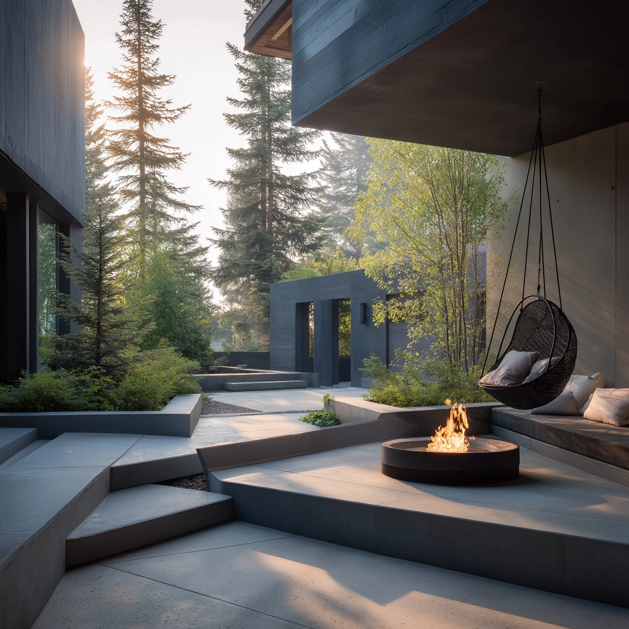 Modern sunken seating fire pit area with suspended swing, geometric concrete pool terrace, and minimalist landscaping.