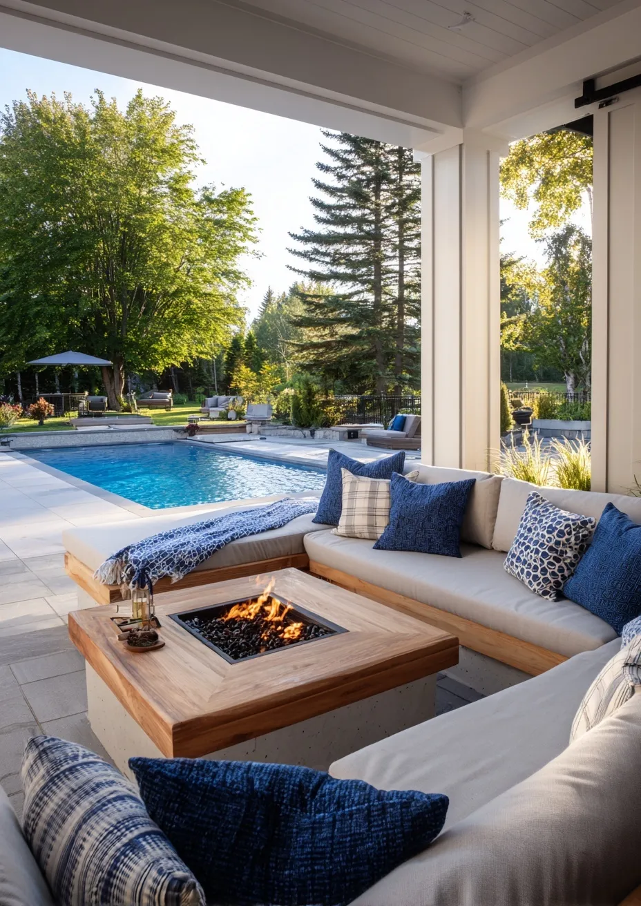 Sunken seating area with sofa, pillows, and central fire pit overlooking a modern swimming pool at sunset.