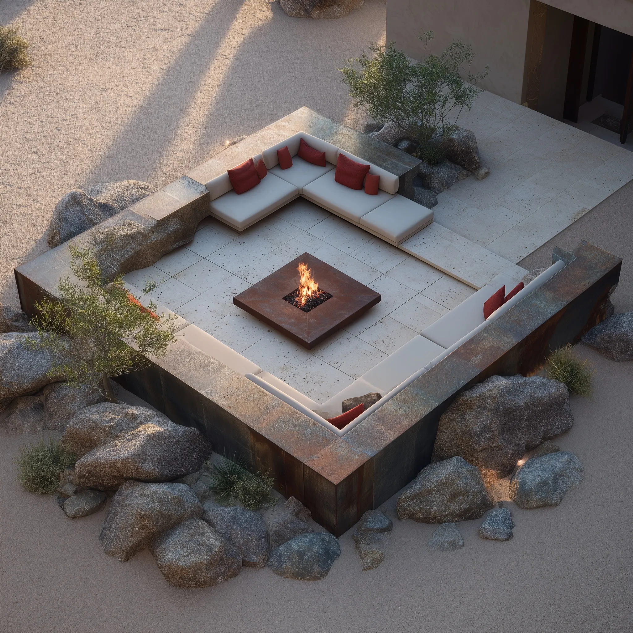 Modern sunken seating area with a corten steel fire pit and desert landscaping in a contemporary outdoor lounge.