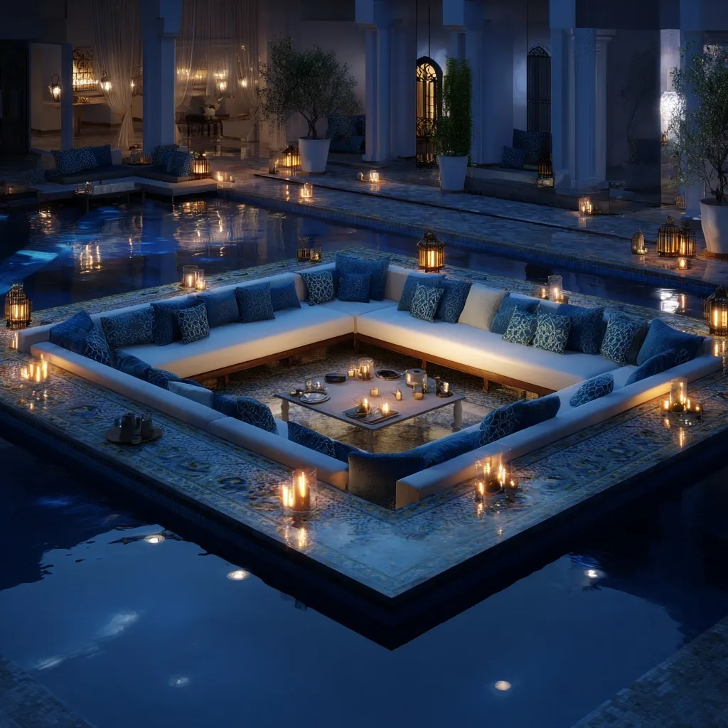 Luxury sunken seating area with white sofas, Moroccan cushions, and a glowing water feature in a modern hotel lobby.
