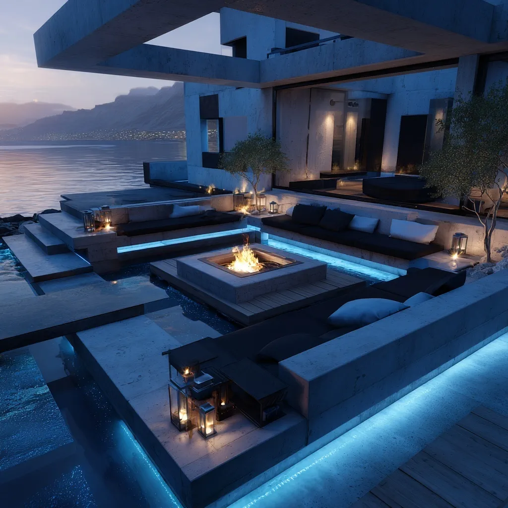 Modern sunken lounge with fire pit, white sofas, and blue LED accents by a coastal pool at night.