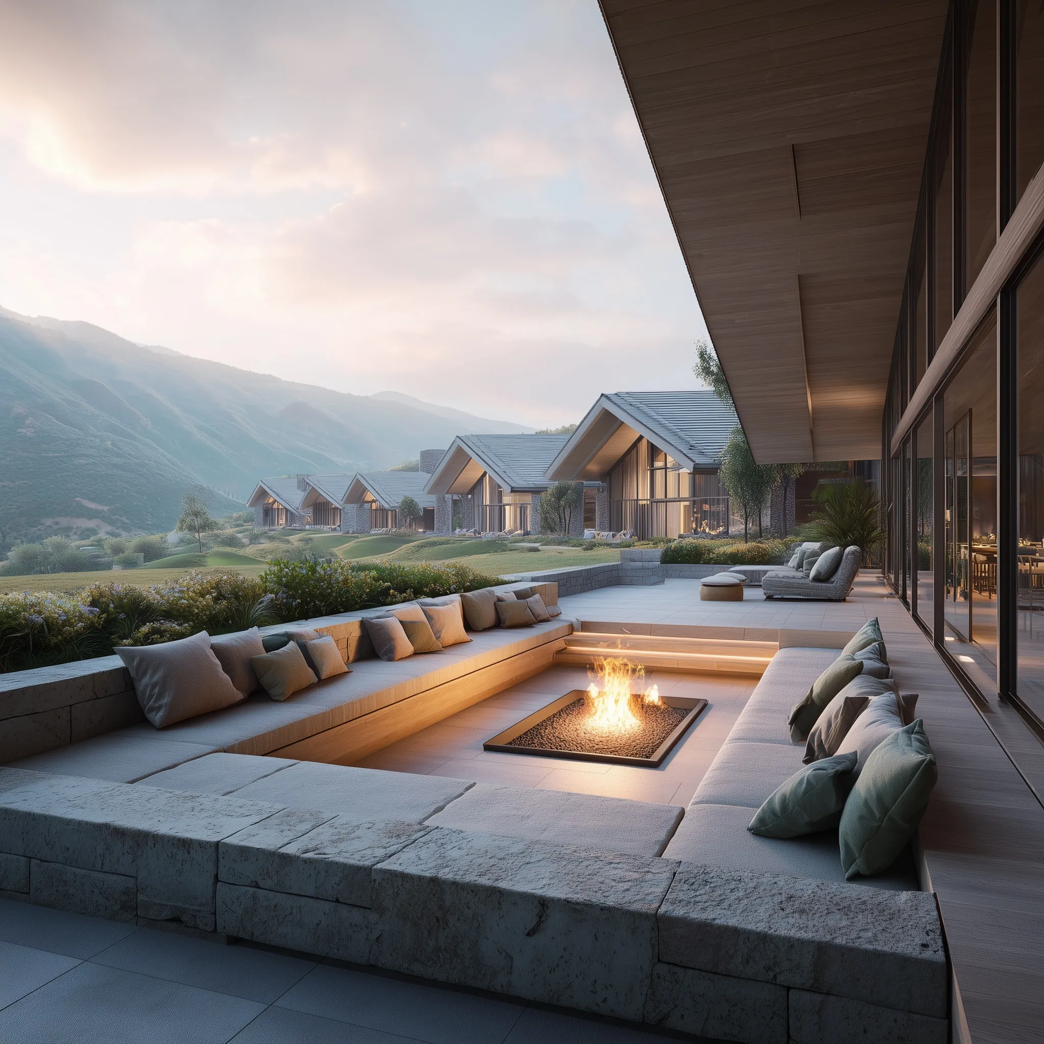 Luxury sunken fire pit lounge on a villa patio with mountain views and plush seating at sunset.