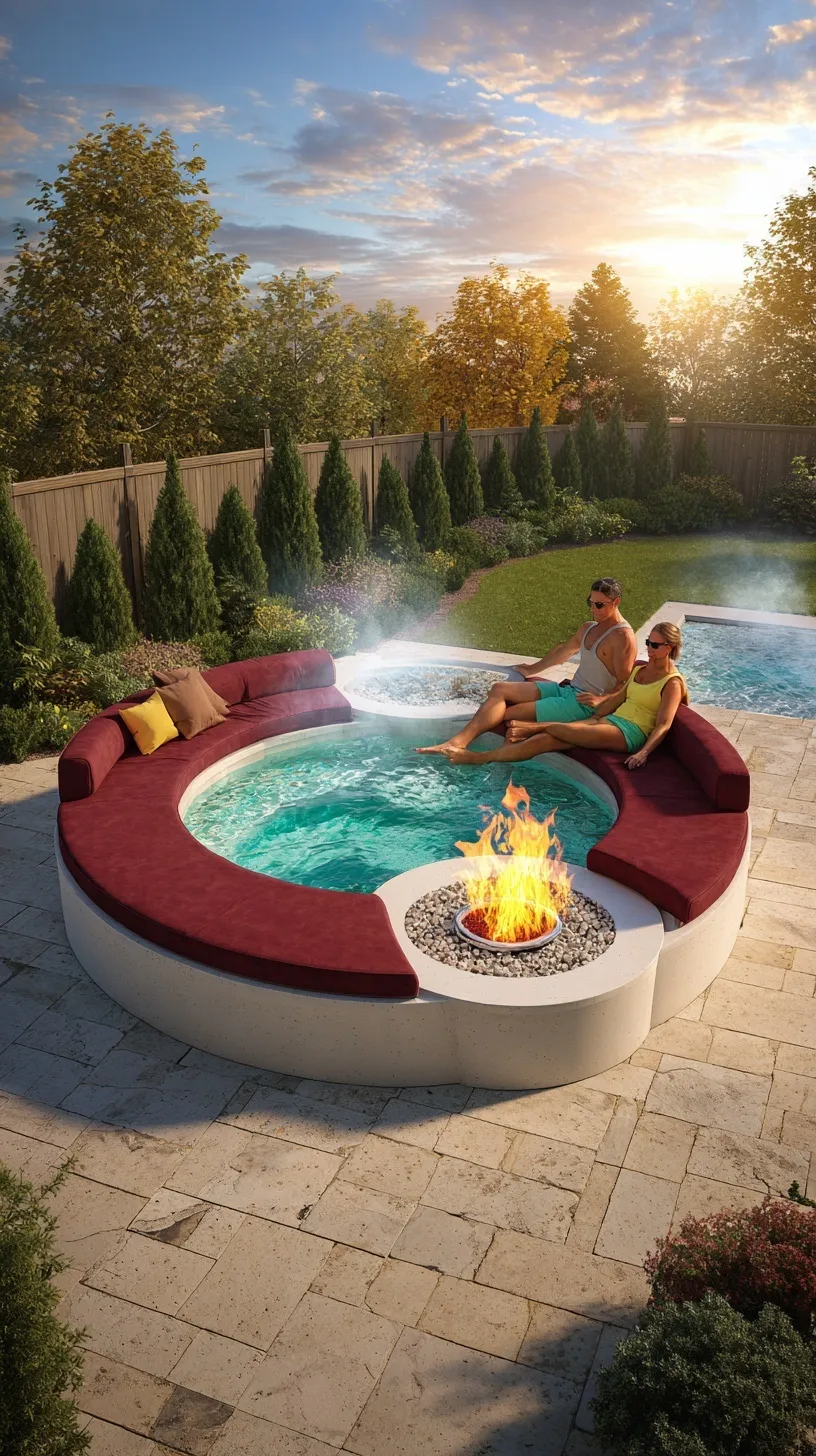A modern yin-yang sunken seating fire pit and hot tub design with a couple relaxing in a luxury backyard oasis.