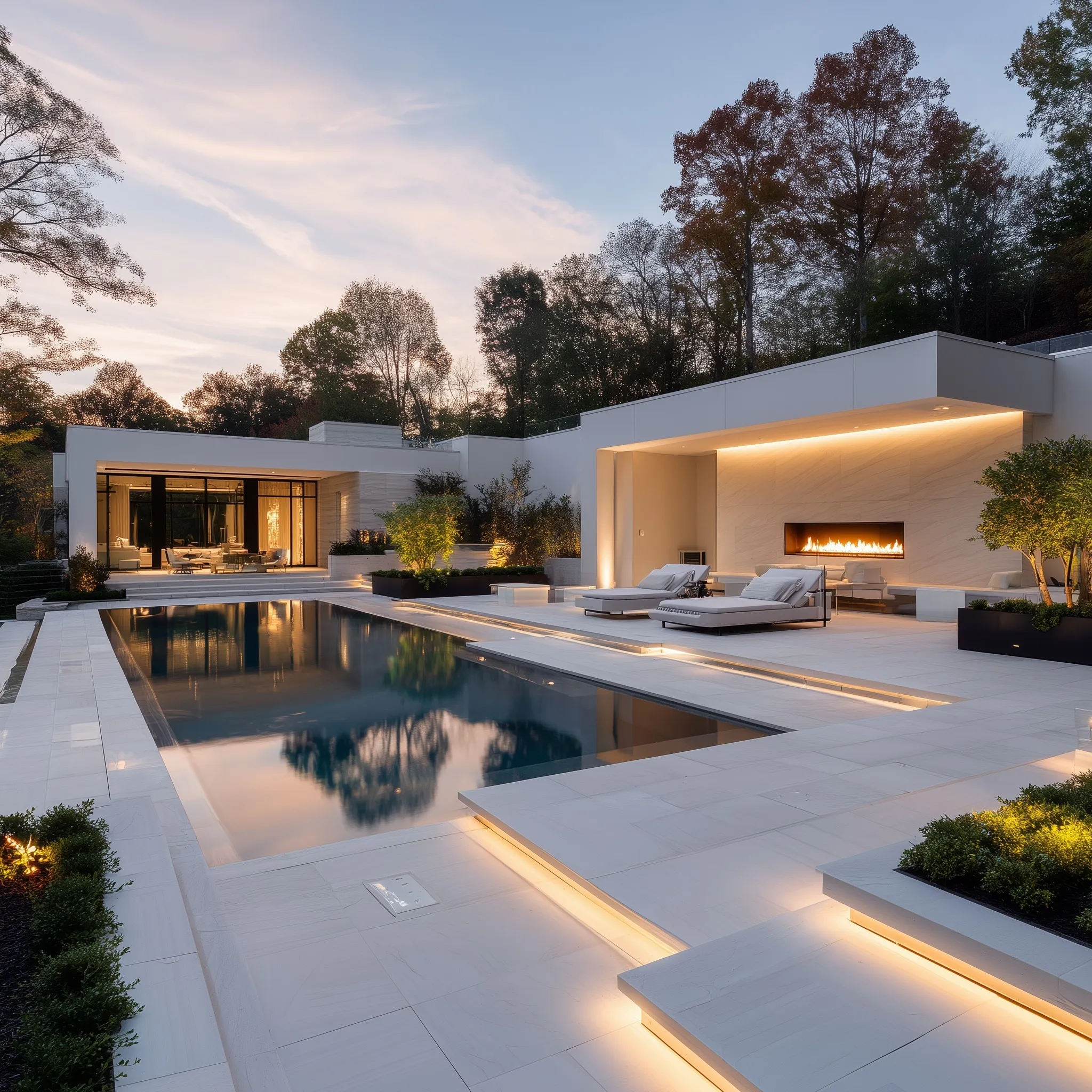 Luxury backyard with sunken fire pit, infinity pool, and modern patio at twilight in Atlanta.