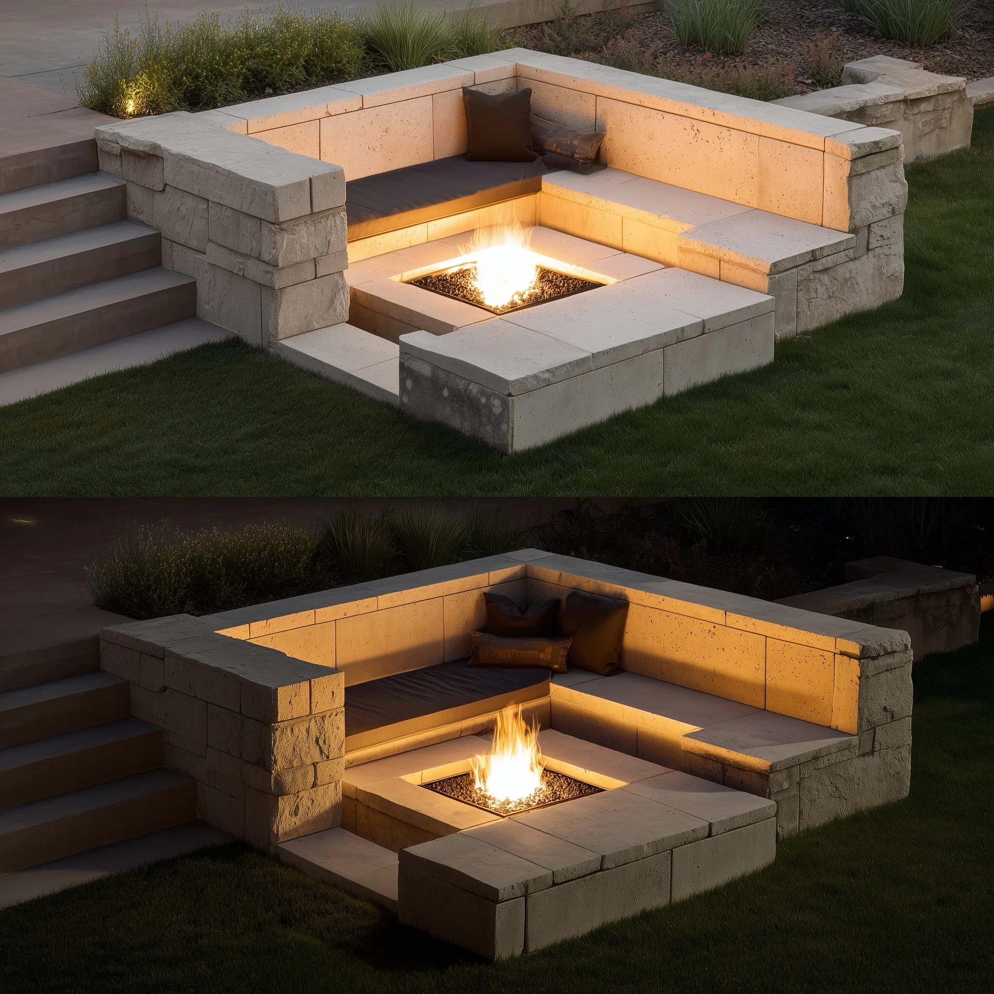 Modern sunken fire pit with two-level seating beside a pool for an affordable, luxurious backyard oasis design.