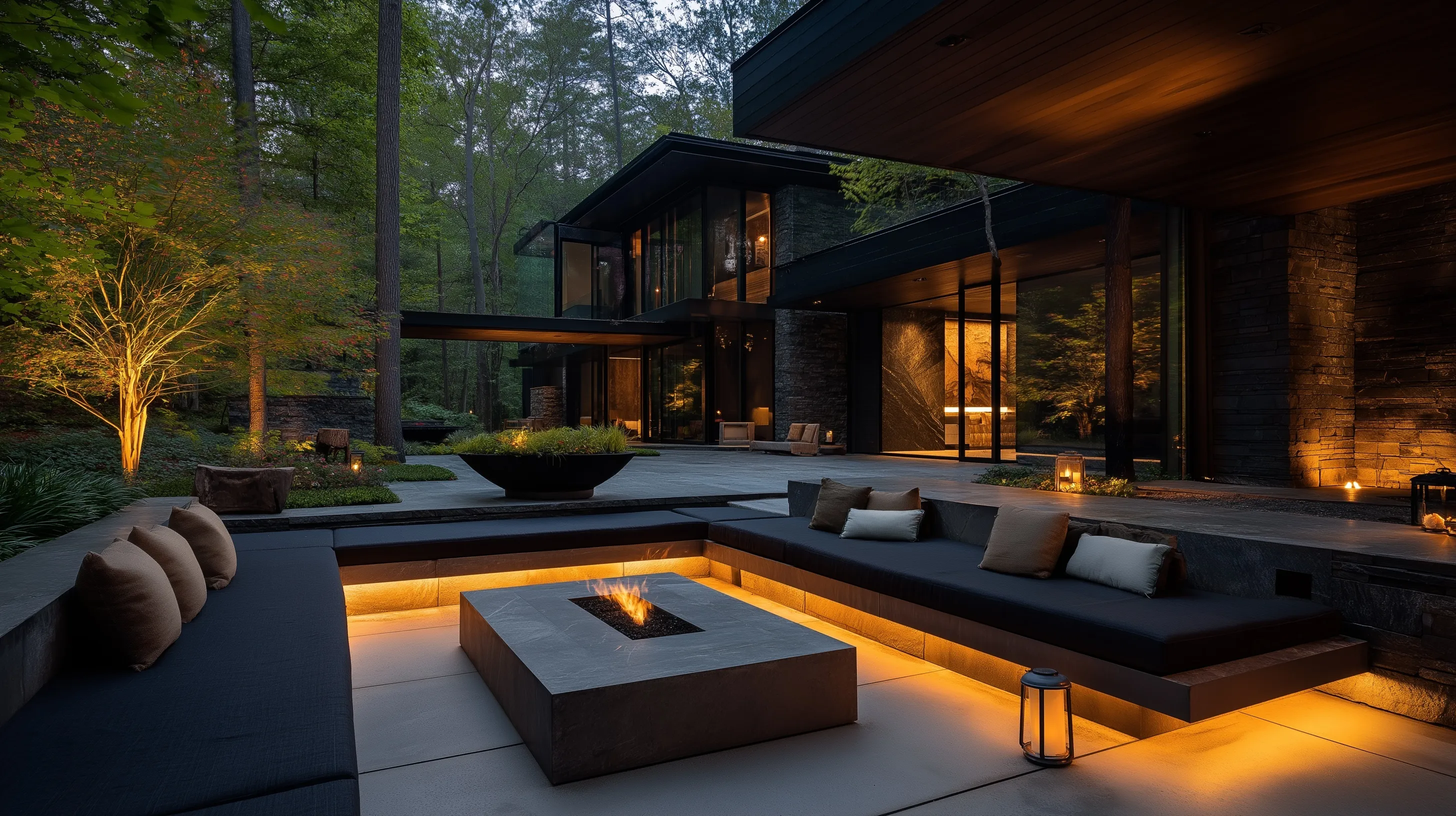 Modern luxury villa terrace featuring a sunken seating area with a fire pit in a serene, illuminated forest setting.