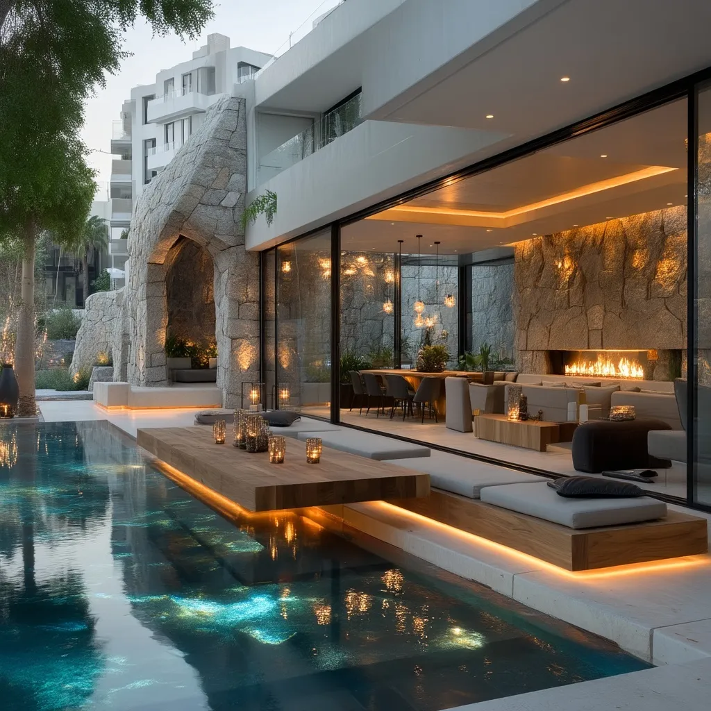 Modern sunken living room with fire pit, floor-to-ceiling glass walls, and view of an illuminated swimming pool.