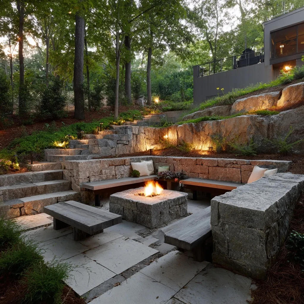 Modern sunken fire pit with scattered seating on a sloped backyard landscape overlooking a swimming pool.