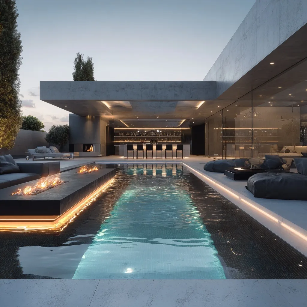 Modern minimalist villa with sunken fire pit seating, infinity pool, and open-plan bar design.