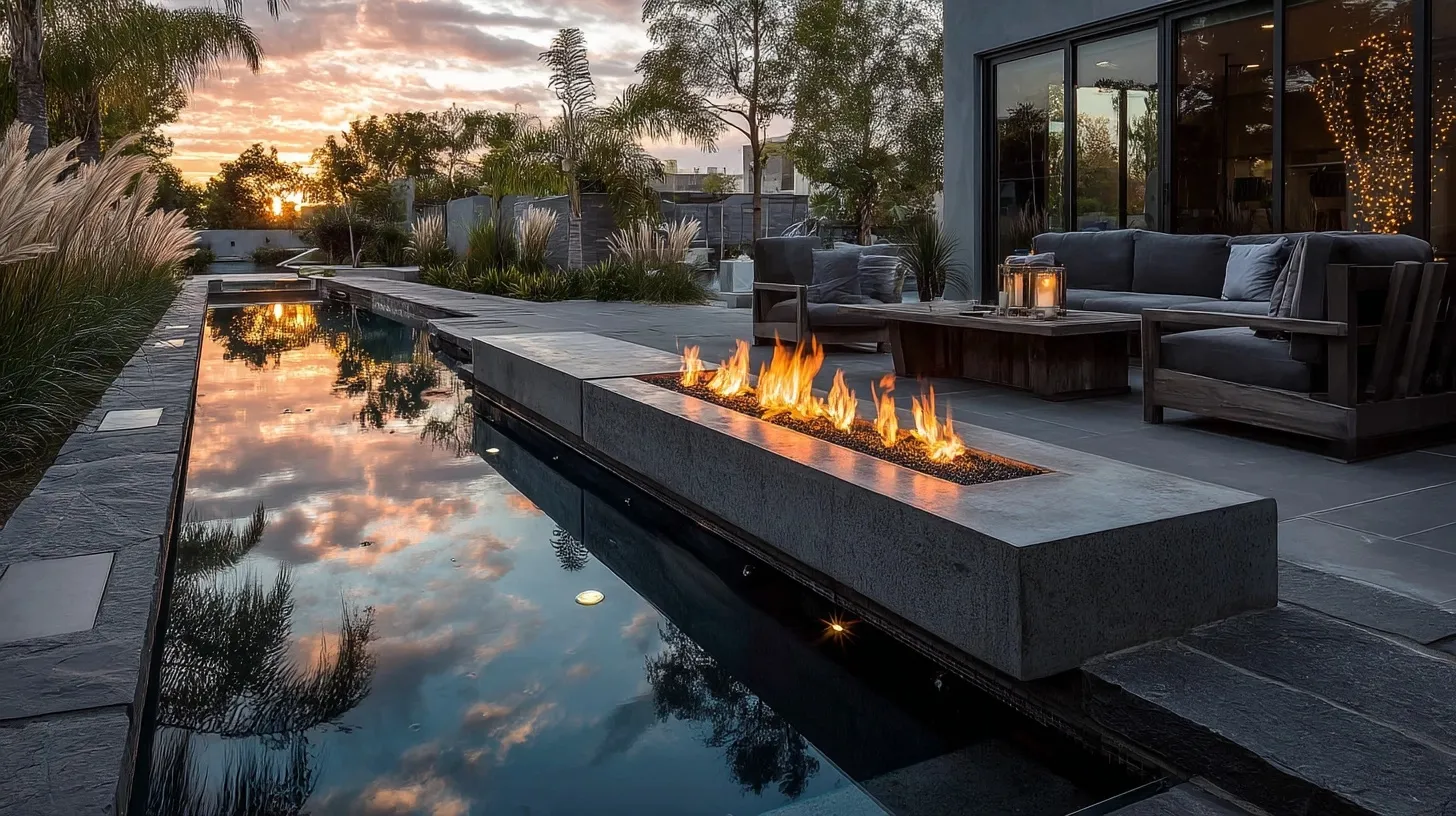 Modern sunken fire pit lounge beside a rectangular swimming pool at sunset with pampas grass and elegant gray walls.