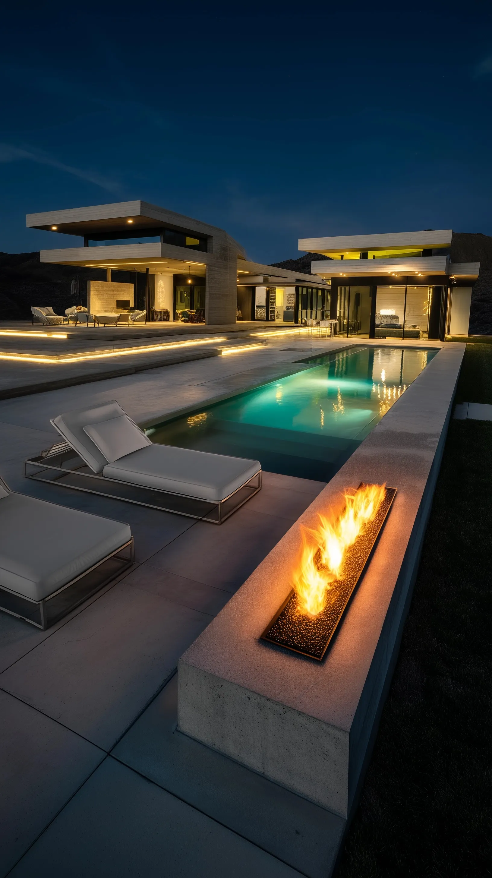 Modern minimalist home with sunken pool, fire pit, and solar panels at dusk, offering a serene luxury lifestyle.