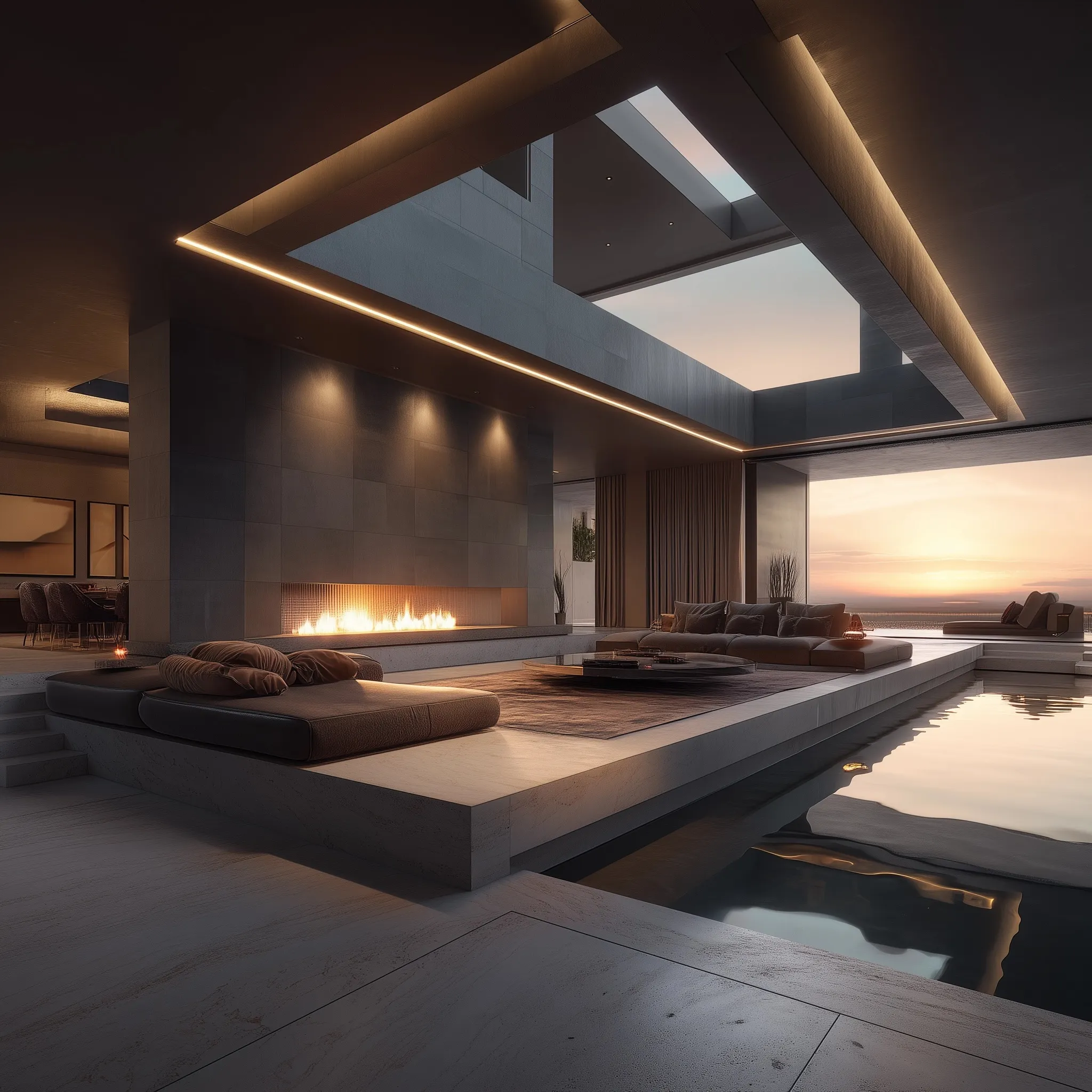 Luxury sunken seating fire pit in a modern backyard pool, featuring high-end architectural recessed design.