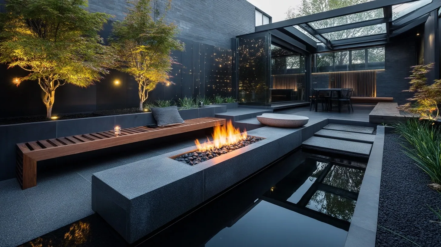 Modern sunken fire pit and reflecting pool with teak seating in a minimalist dark monochromatic courtyard.
