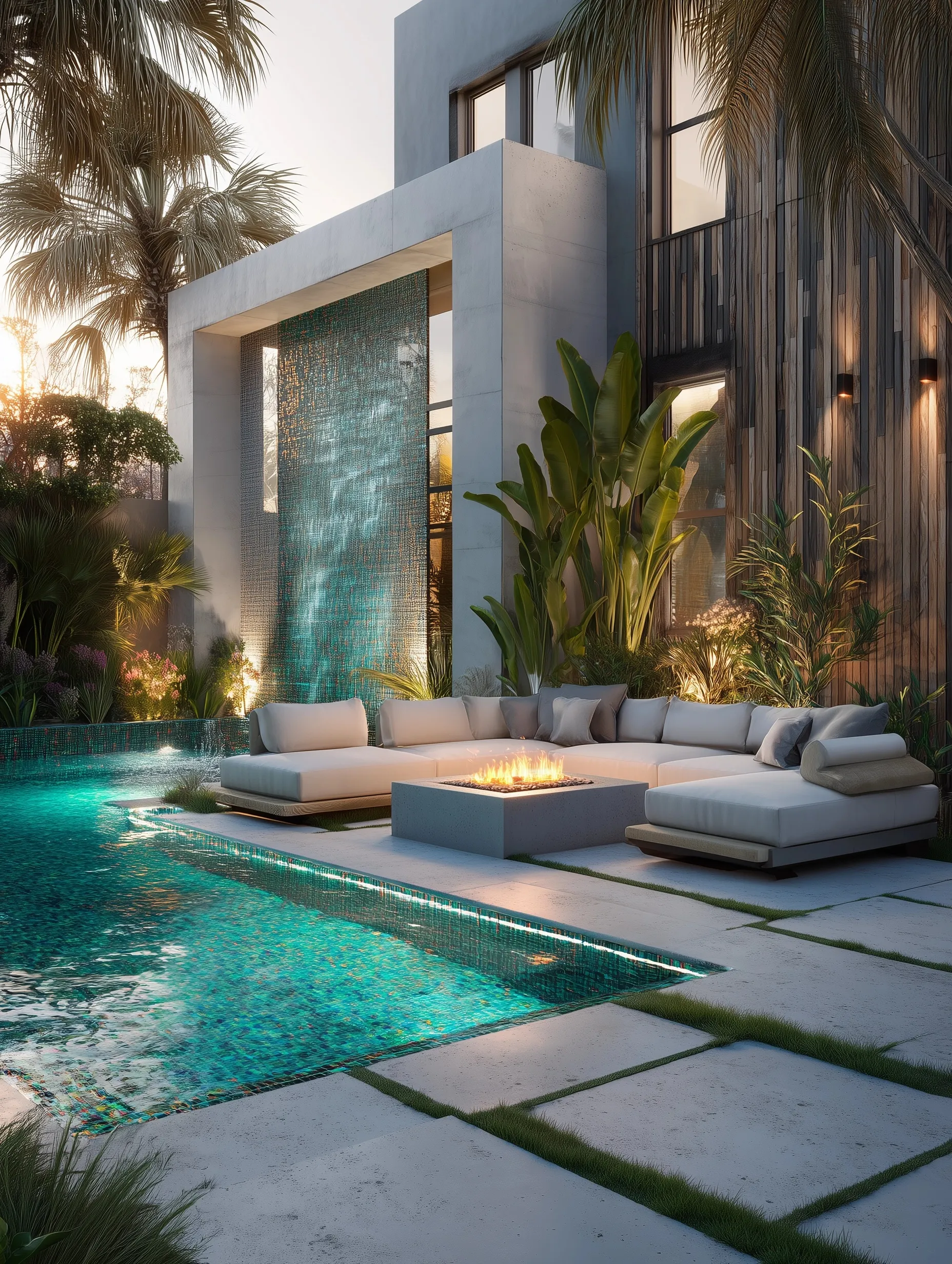 Luxurious backyard pool with sunken fire pit seating, tropical landscaping, and mosaic tiles at sunset.