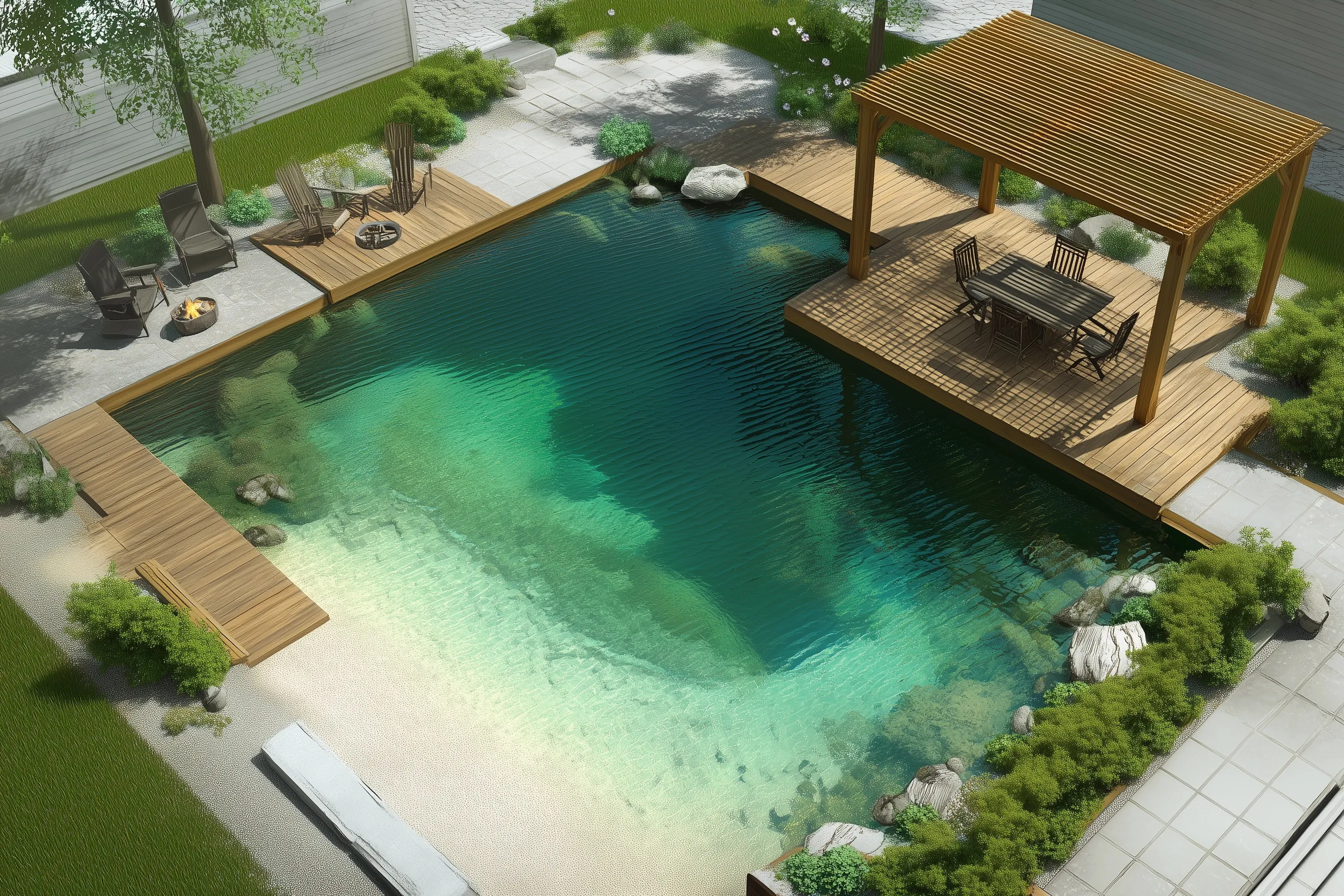 Aerial view of a suburban backyard featuring a natural pond, sunken fire pit seating, and wooden dining pergola.