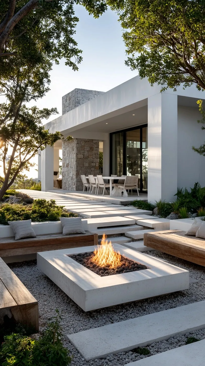 Modern sunken fire pit seating area by a swimming pool in a minimalist Los Angeles backyard at sunset.