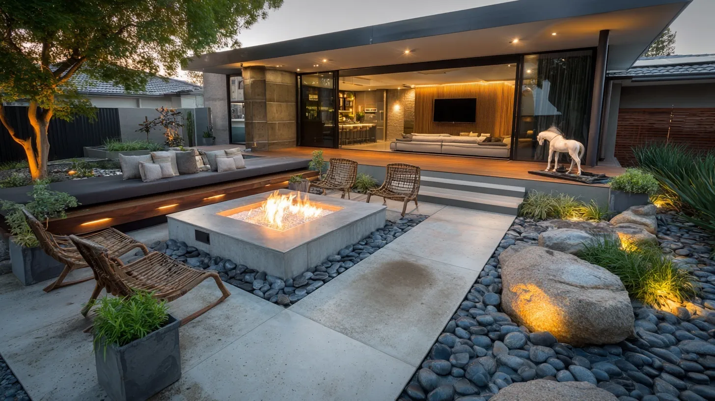 Modern sunken fire pit lounge with built-in bench, horse sculpture, and indoor-outdoor flow on a landscaped terrace.