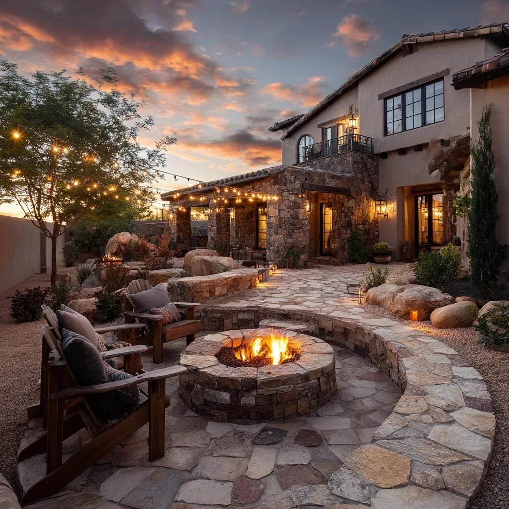 Sunken seating area with a central fire pit by a backyard pool, designed at a safe distance from the house.