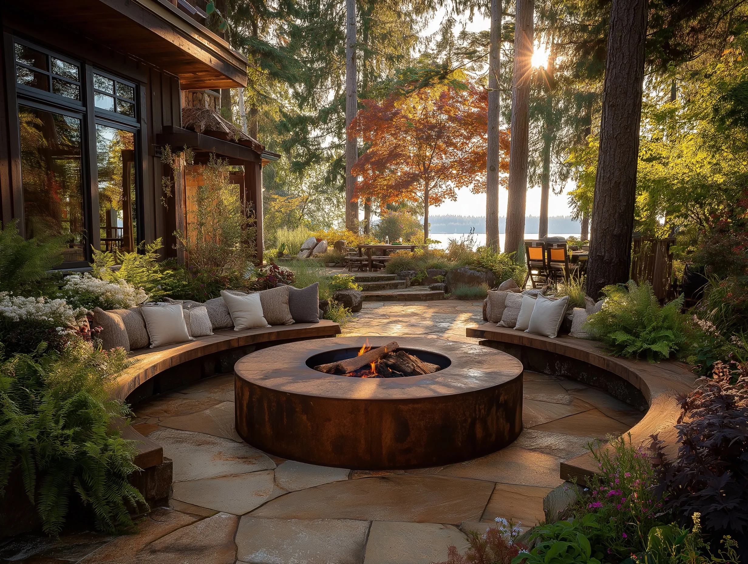 Sunken circular fire pit seating area in a Pacific Northwest backyard at sunset with modern architectural design.