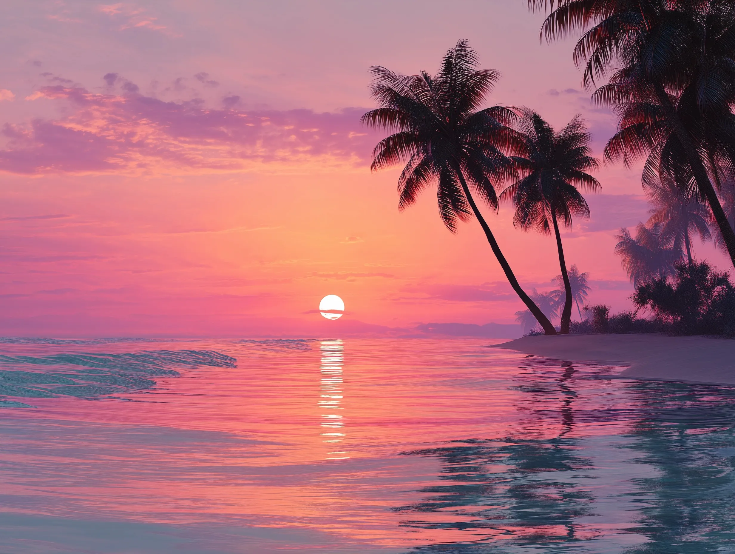 Pink sunset over a tropical beach with palm trees and sun reflecting on ocean ripples.